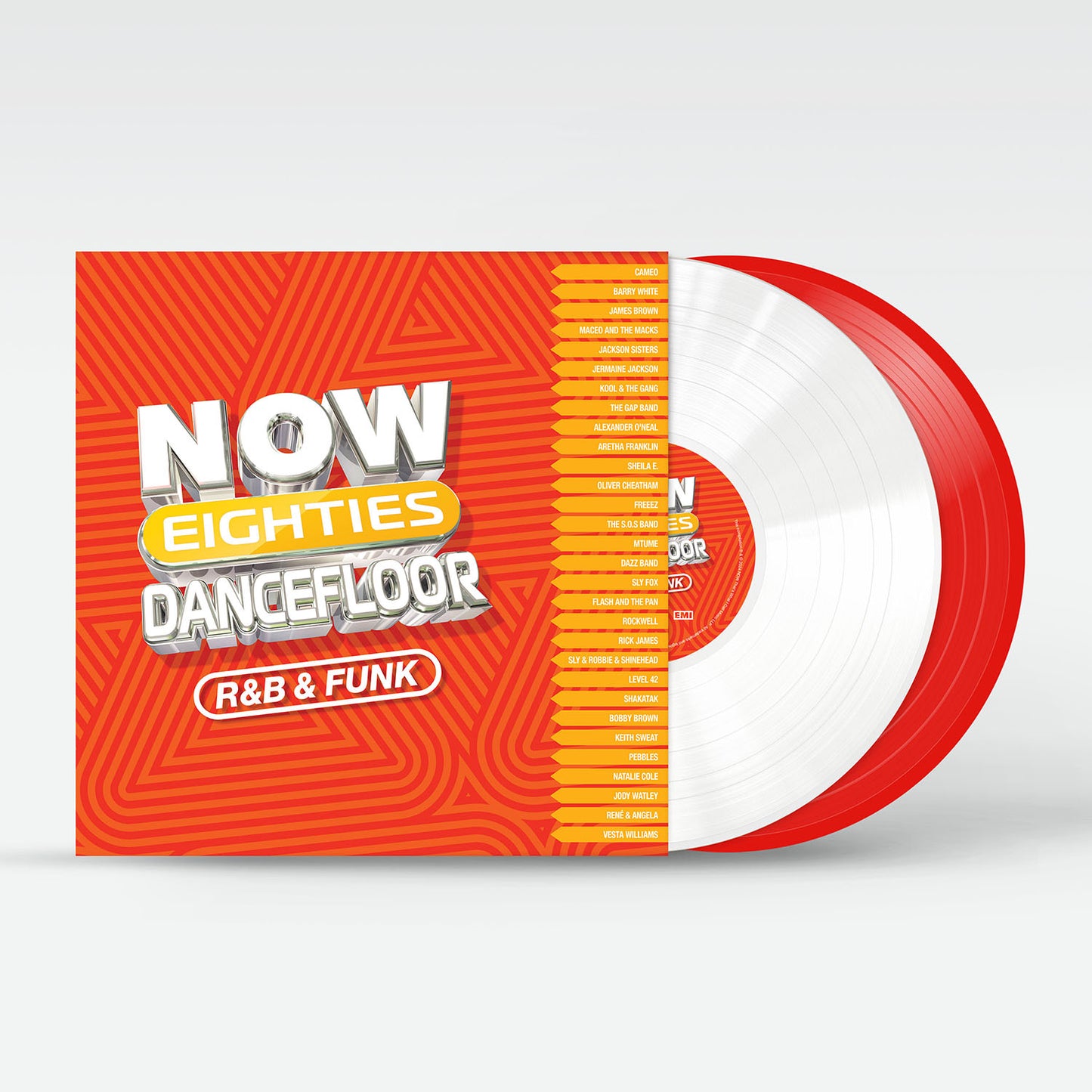 “NOW 80’s Dancefloor” vinyl record with orange and brown geometric design.