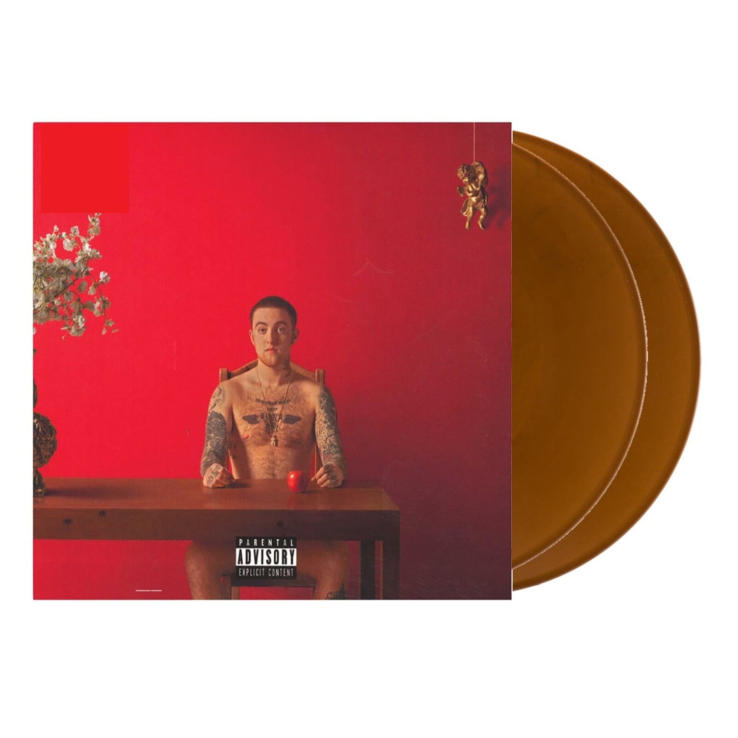 Mac Miller album cover and two brown vinyl records shown.