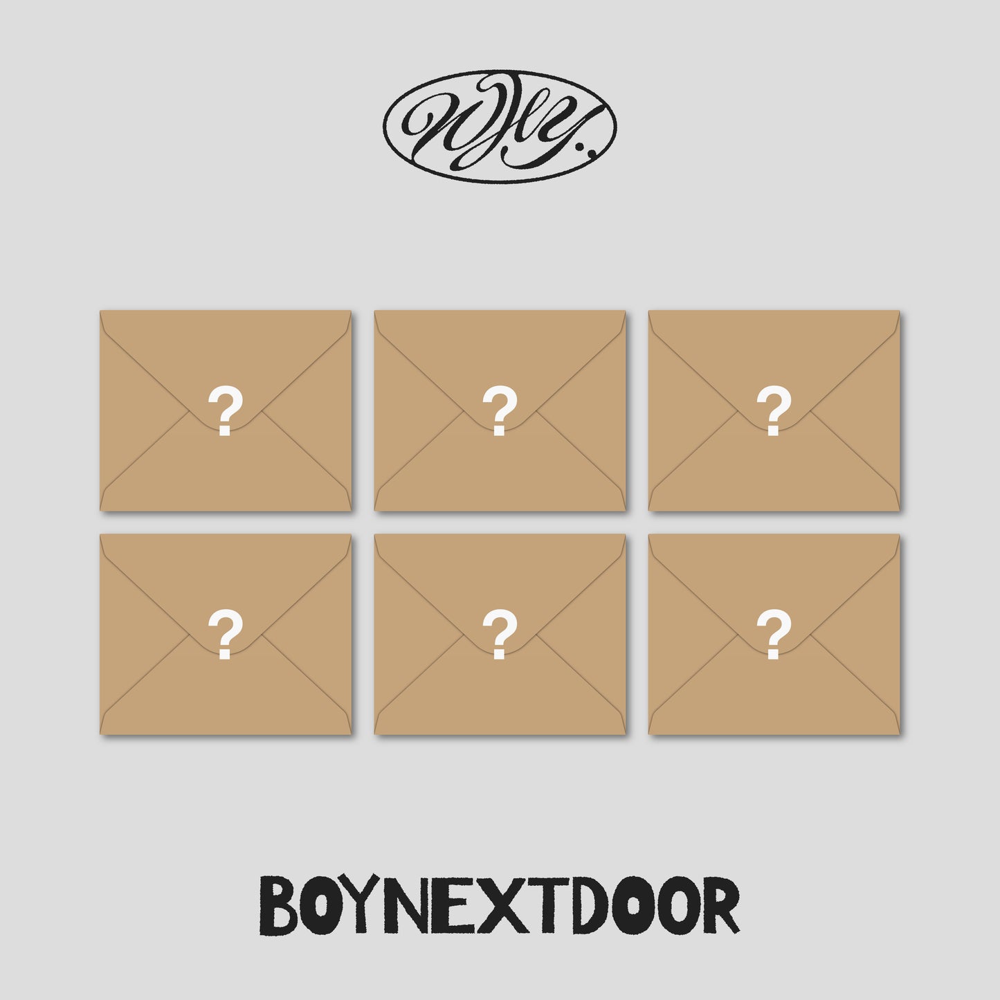 BOYNEXTDOOR album cover with six brown envelopes and question marks.