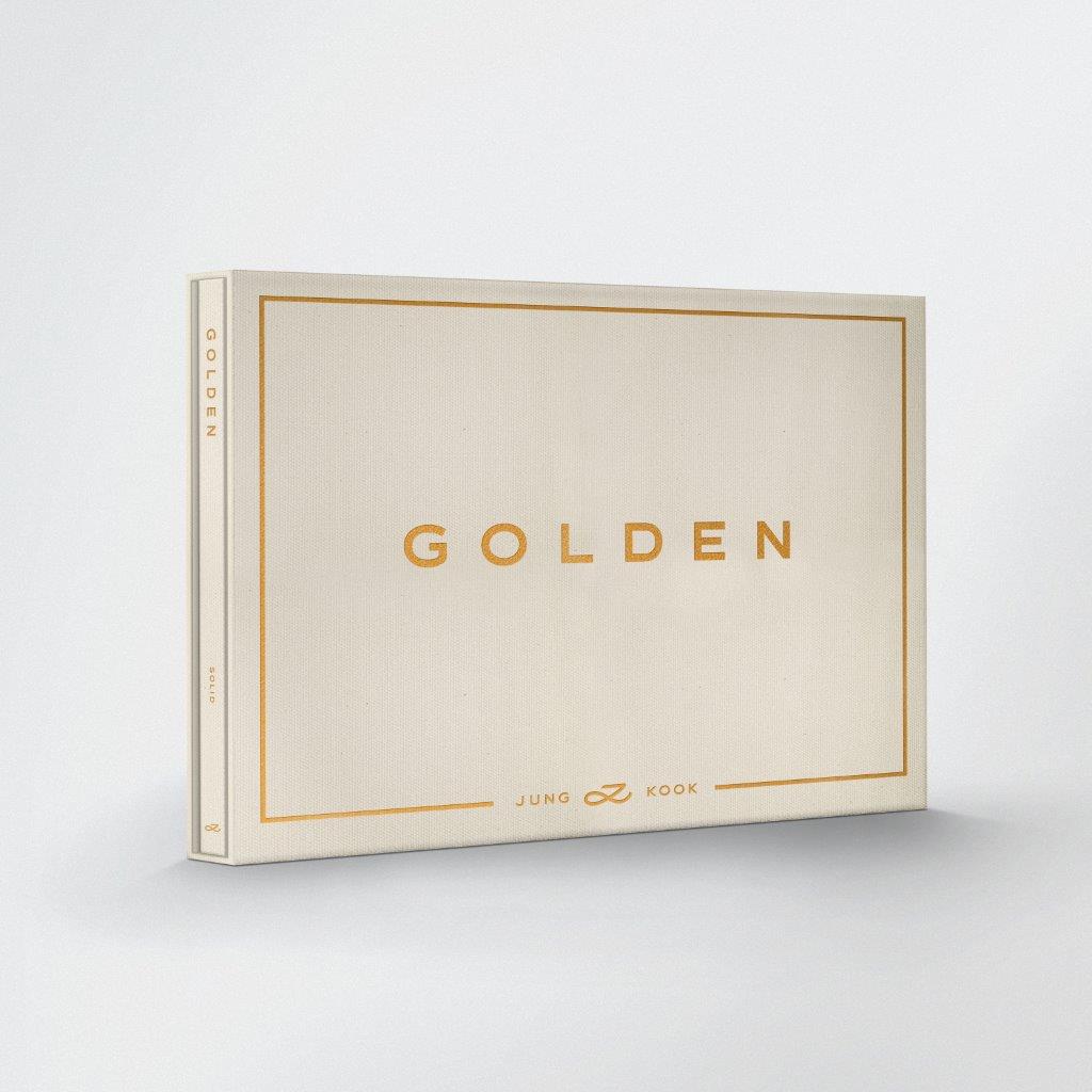 Beige CD case with gold lettering reading "GOLDEN" and "Jung Kook".