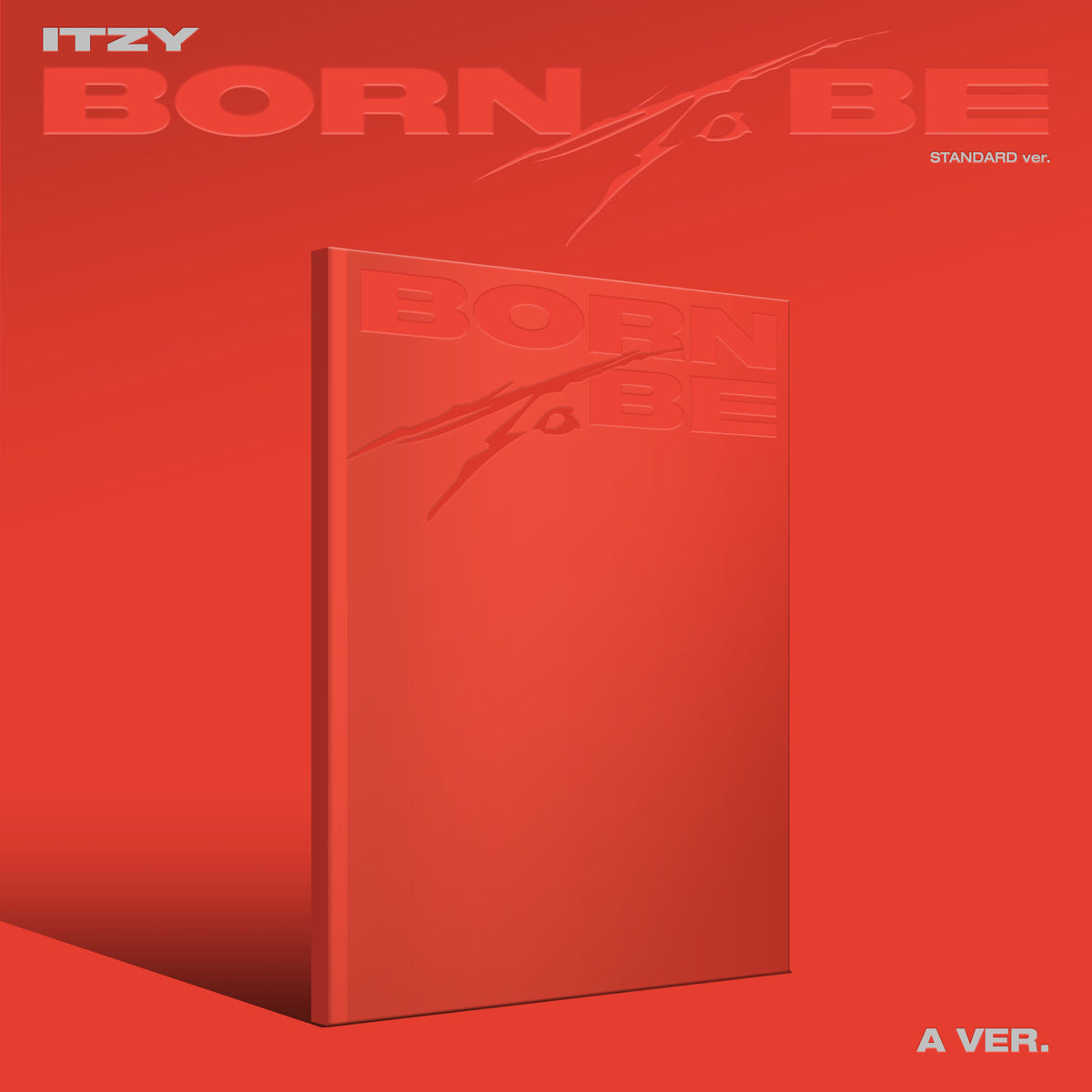 ITZY “BORN TO BE” CD album cover, red with embossed lettering.