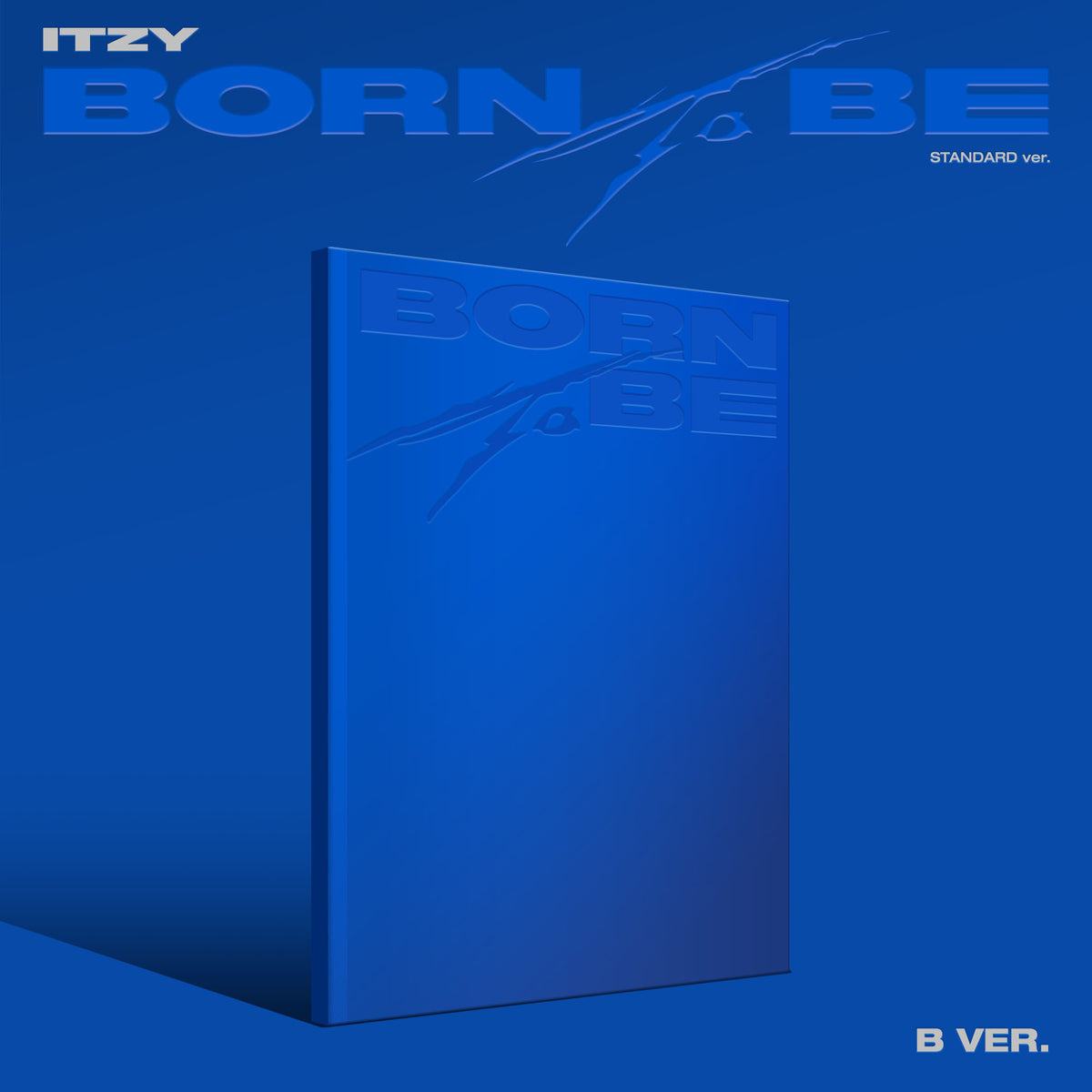 ITZY “BORN TO BE” CD cover, blue with embossed text and design.