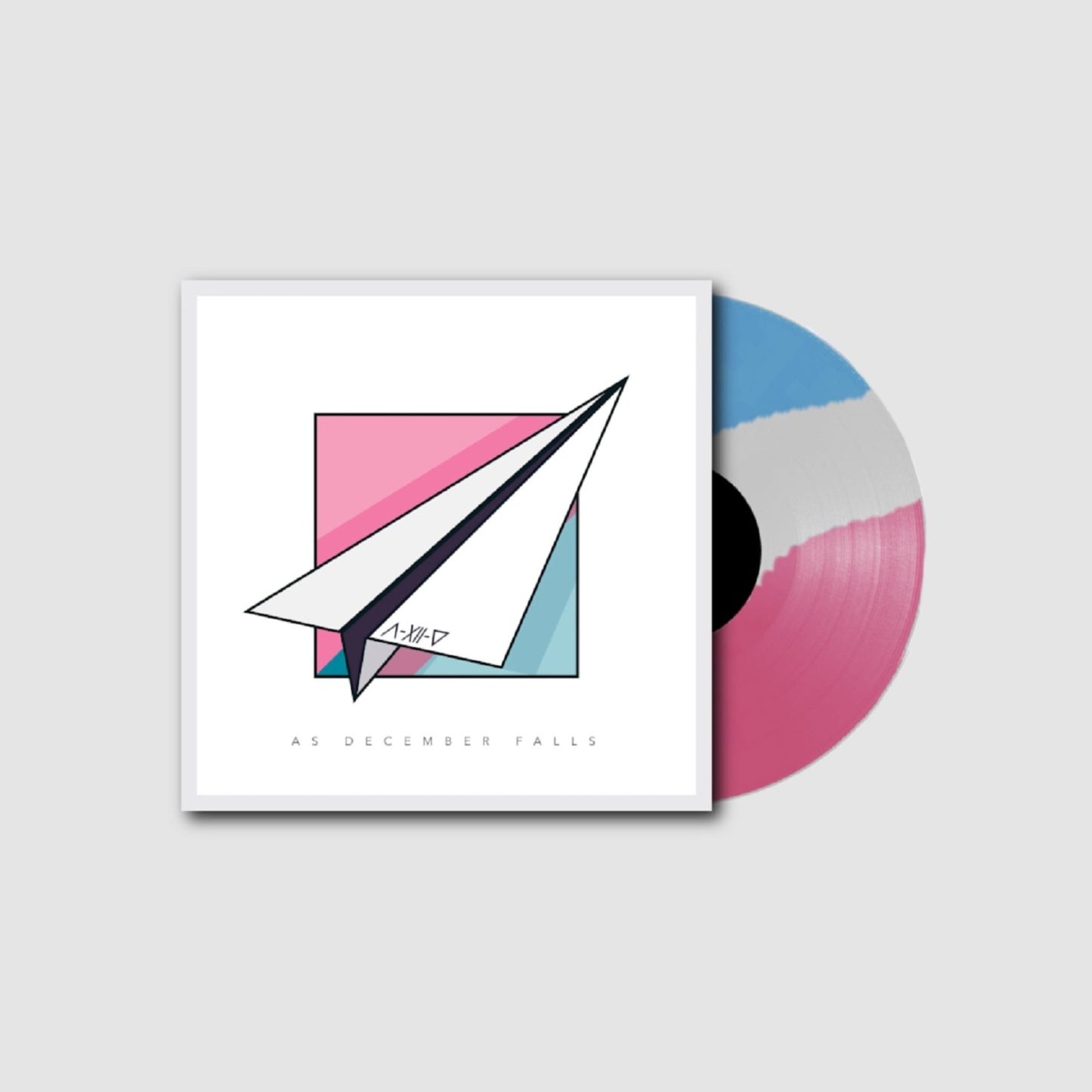 Vinyl record with album cover featuring a paper airplane and geometric shapes.