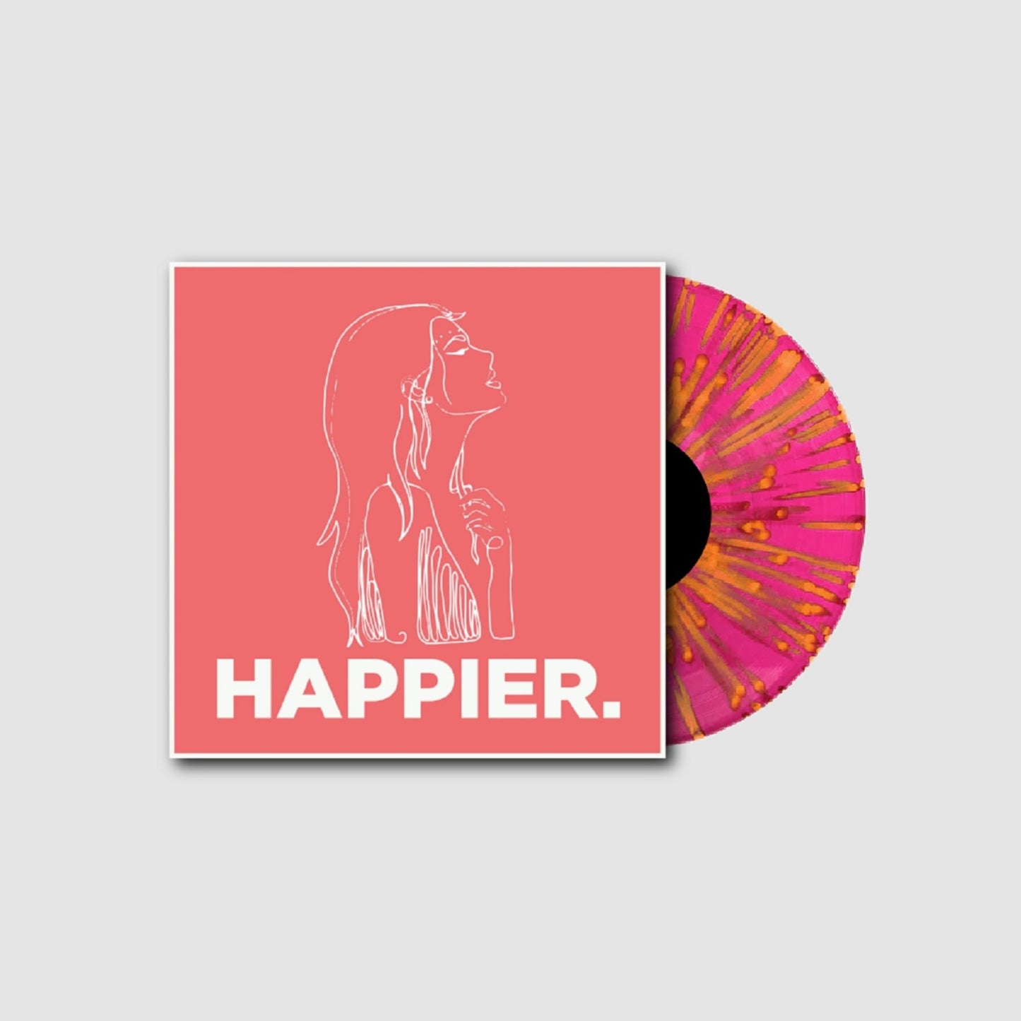 Pink vinyl record and cover with a white line drawing of a woman.