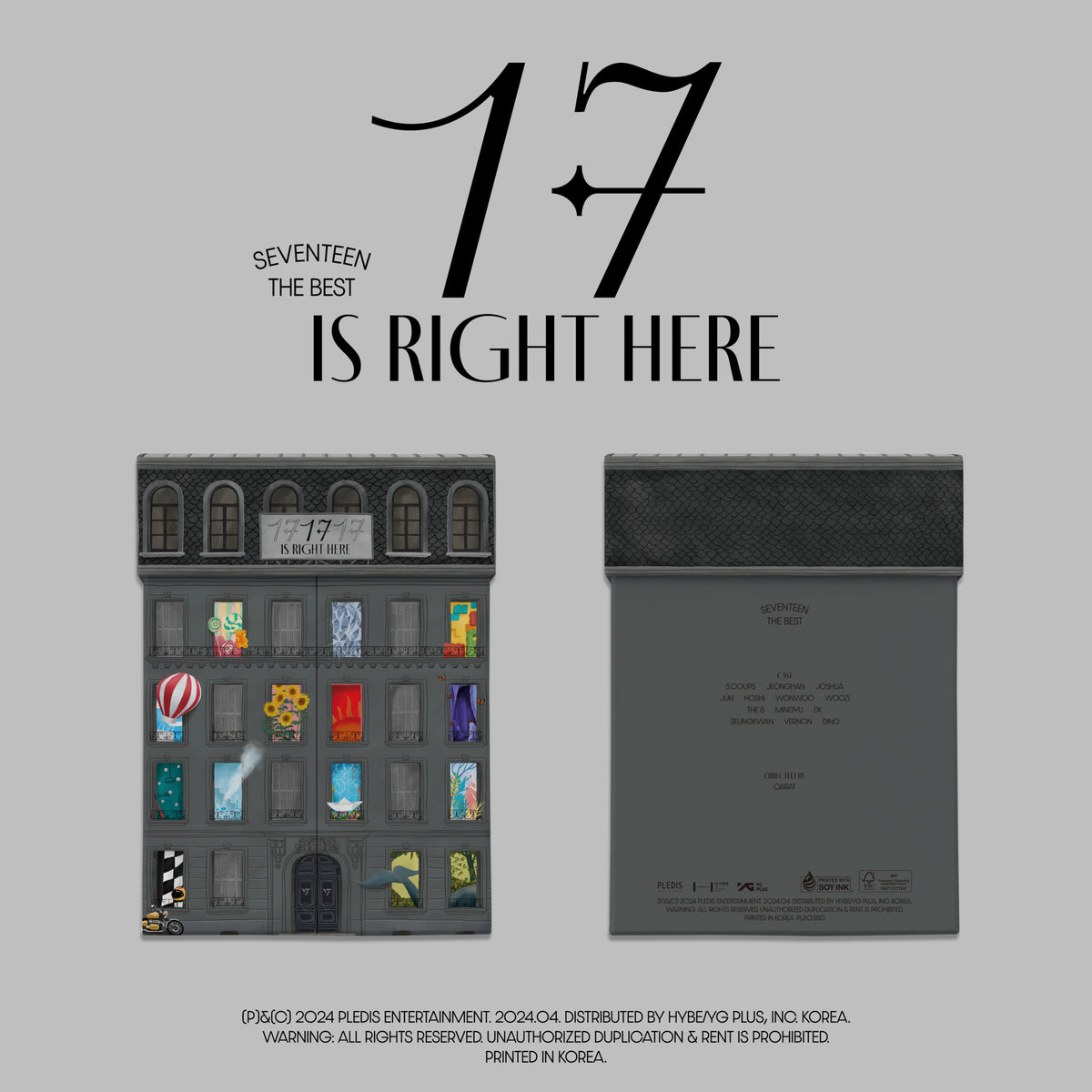 SEVENTEEN album cover: a building facade with group members depicted as windows.