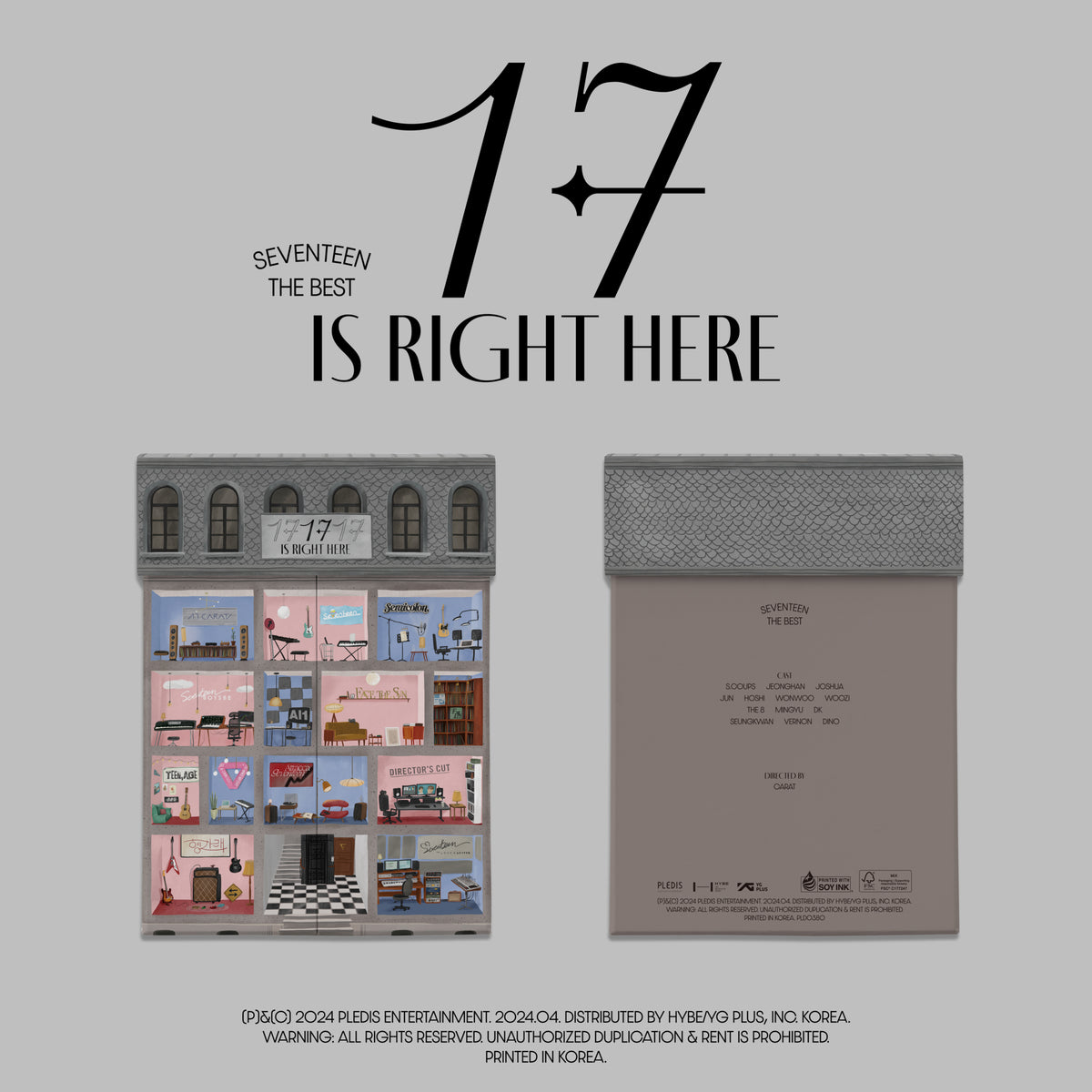 SEVENTEEN album cover: colorful building illustration with group name and logo.