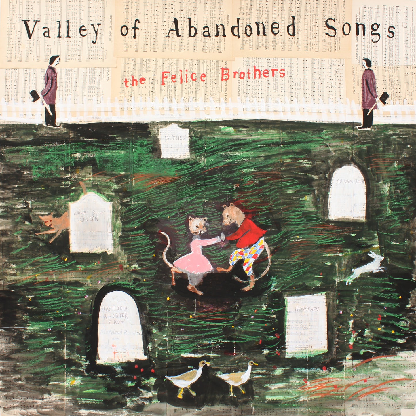 Album cover: painted figures and animals among gravestones in a green field.