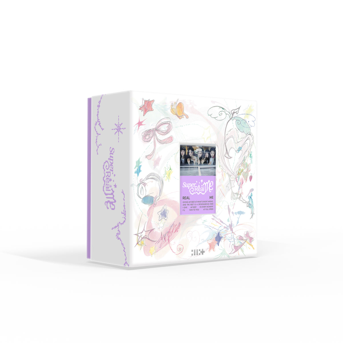 Illit “Super Real Me” CD case with pastel illustrations and group photo.