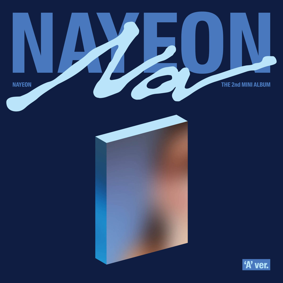 Nayeon’s “NA” album cover: dark blue background, angled CD case image.
