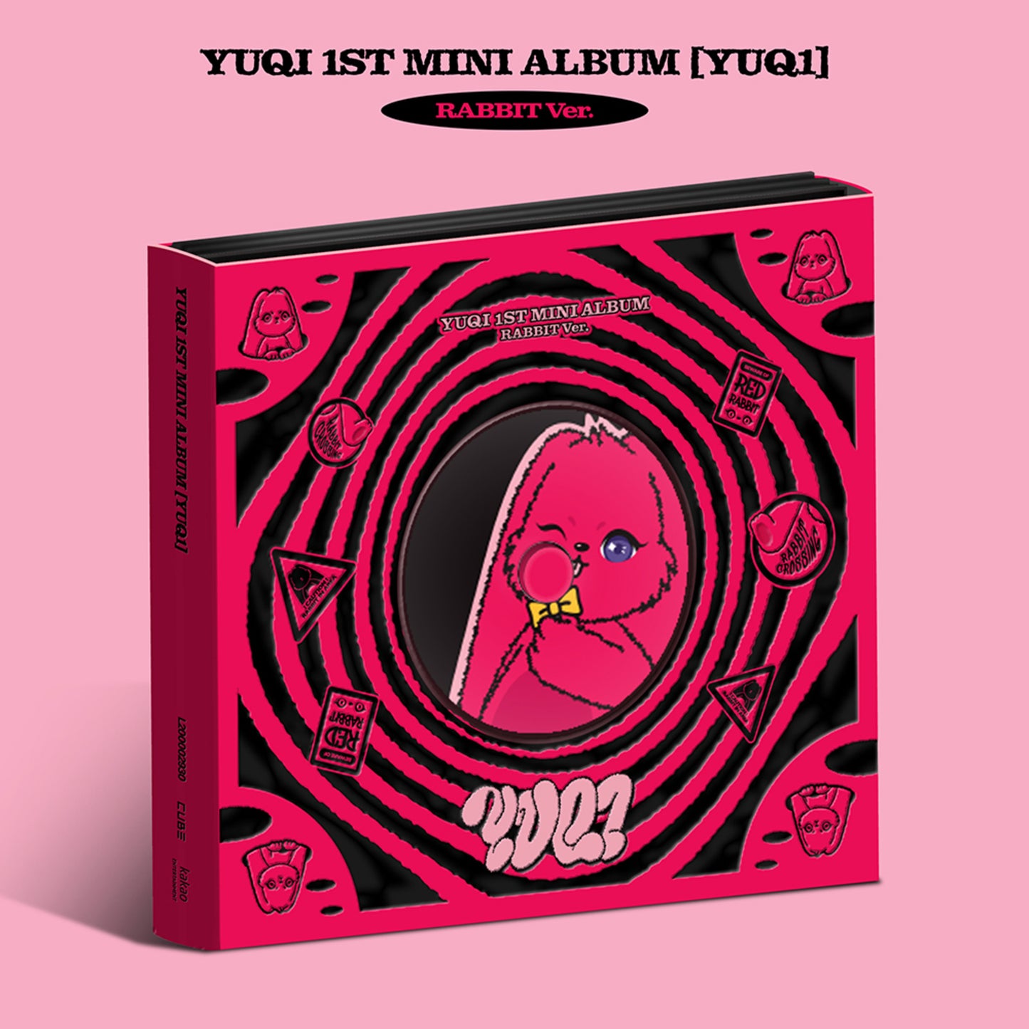 Yuqi 1st mini album Yuq1 Rabbit version CD case with pink and black graphics.