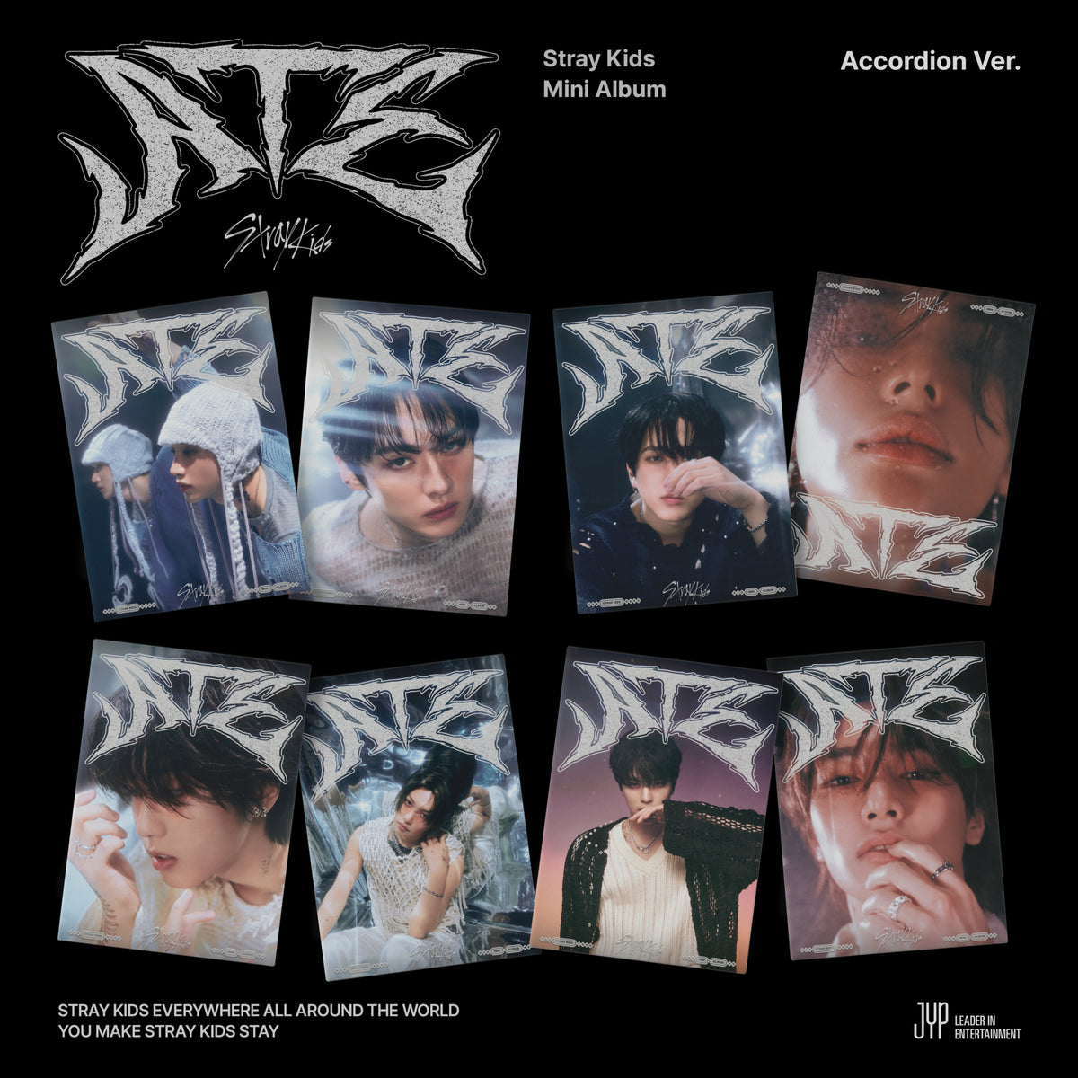 Stray Kids “ATE” album cover featuring eight member portraits.