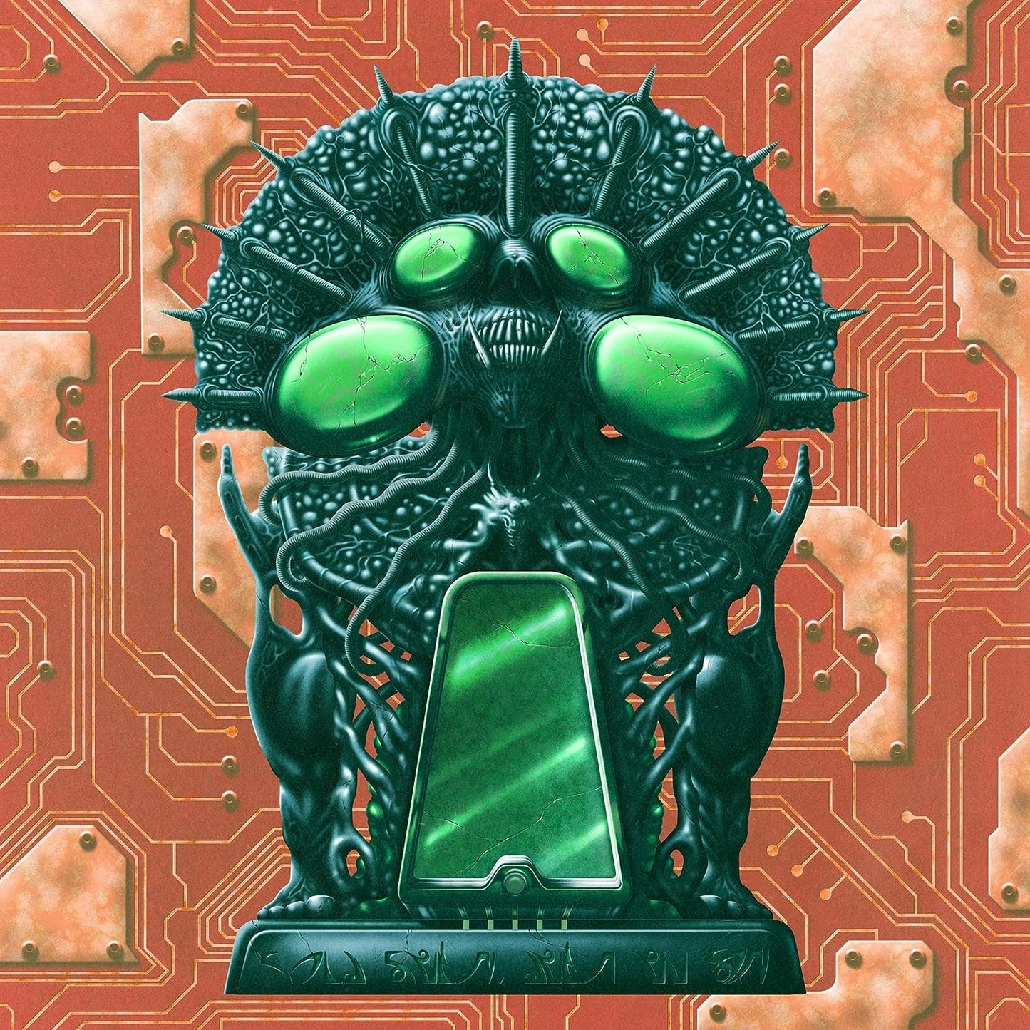 Green, monstrous head with multiple eyes against a circuit board background.