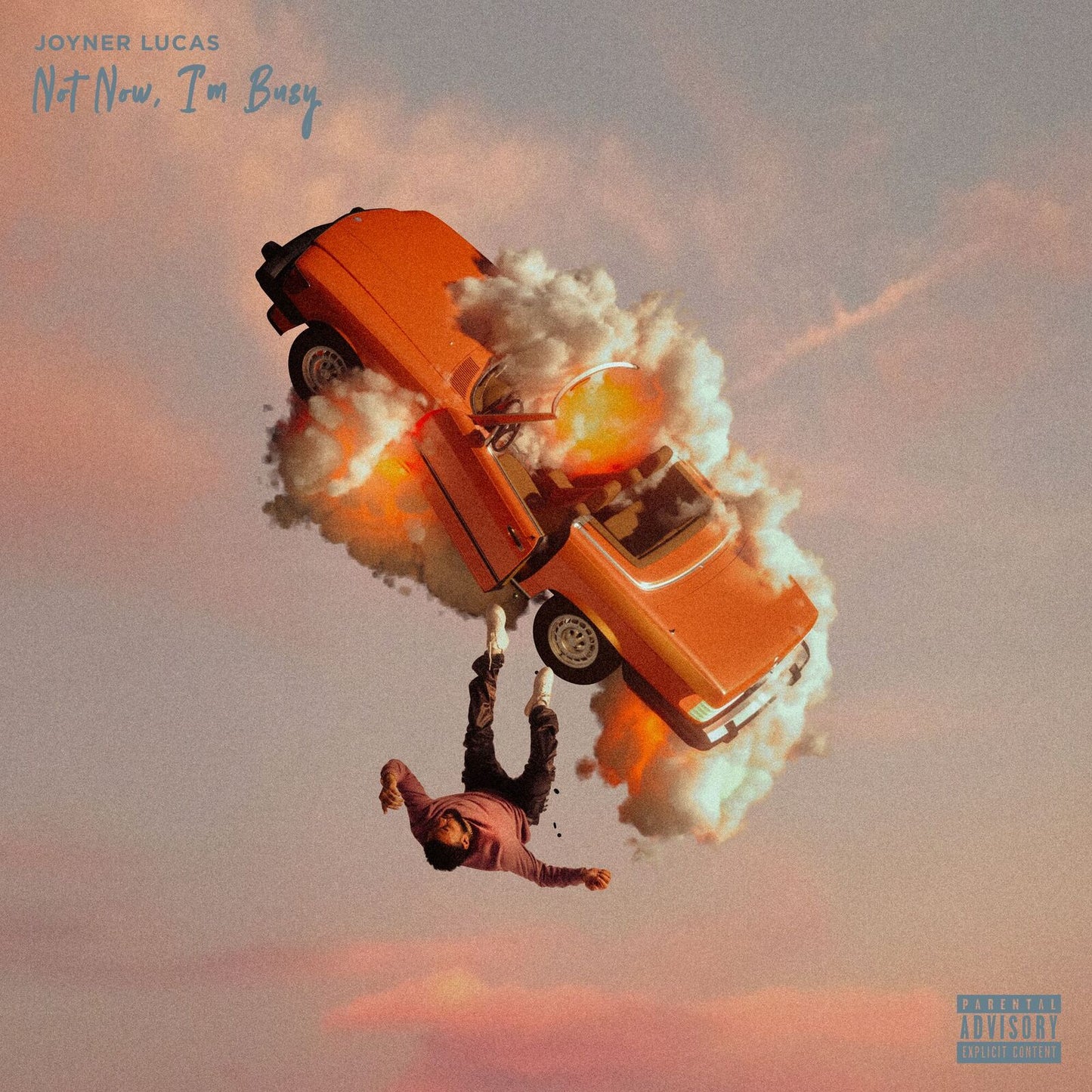 Album cover featuring a man falling near a crashing orange car.