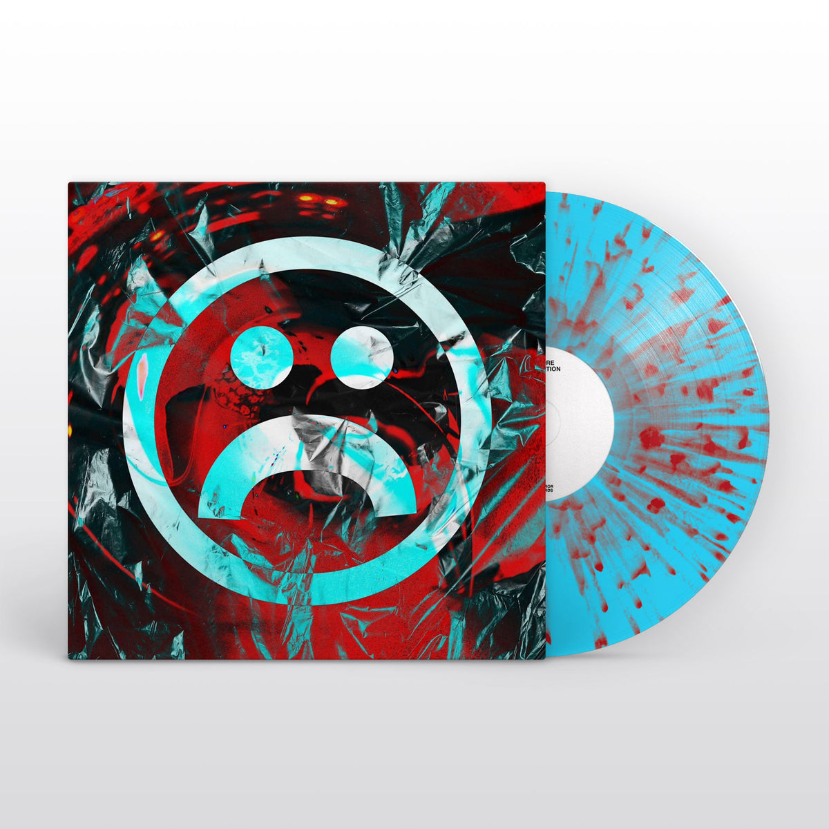 Vinyl record and cover with a sad face graphic in red and blue.