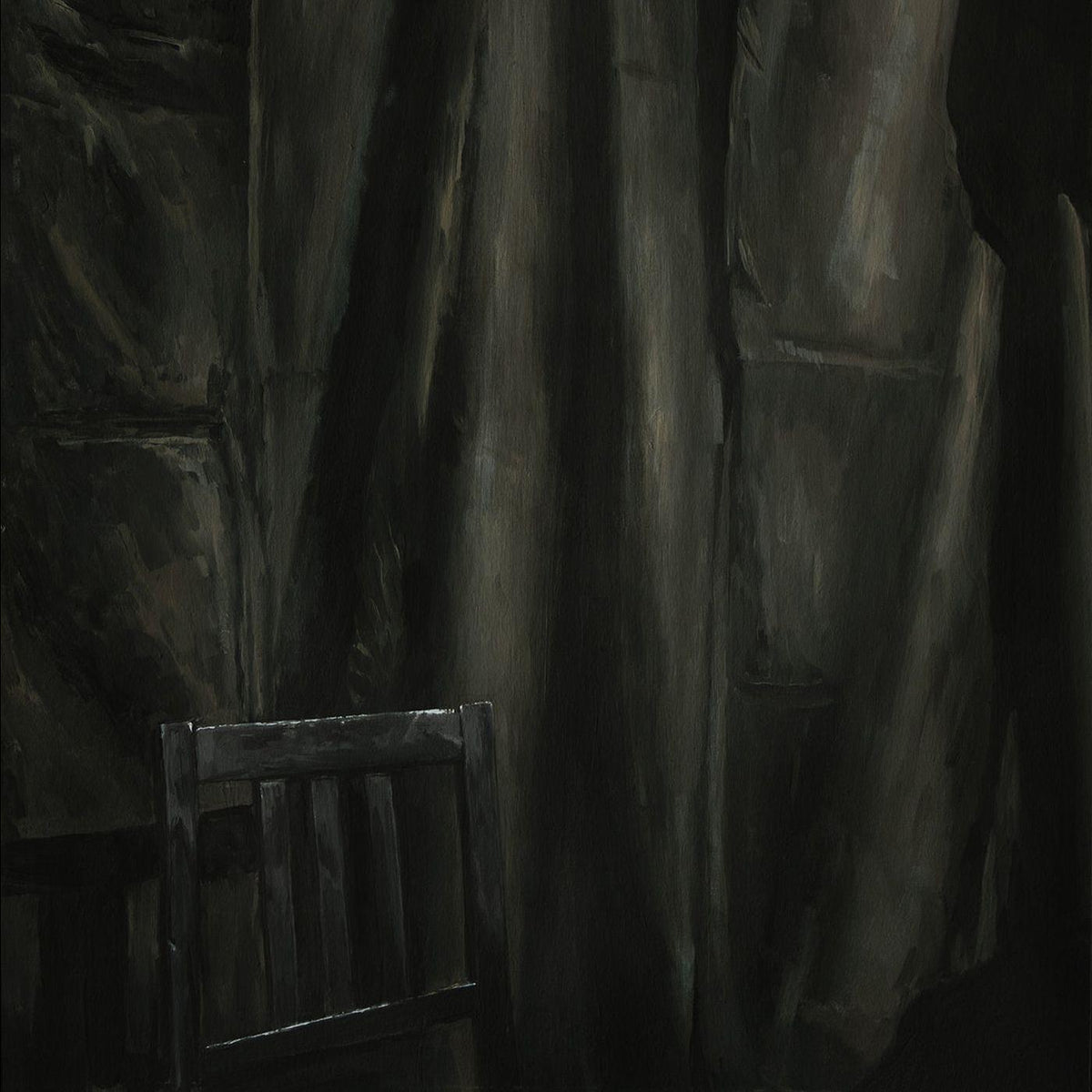 Dark, textured painting of a chair and draped fabric in shadow.