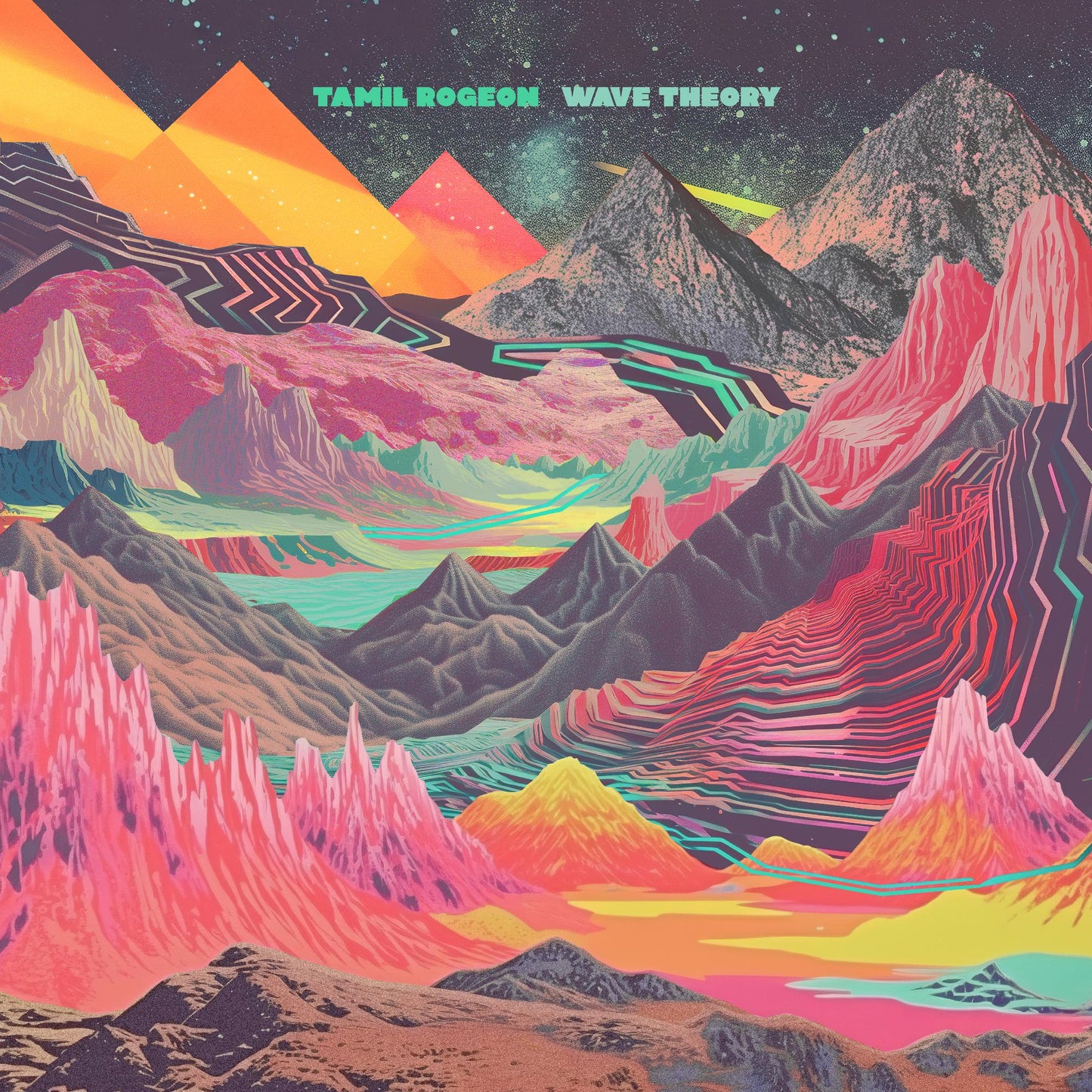 Album cover for "Tamil Rogeon - Wave Theory" featuring a colorful, abstract landscape.