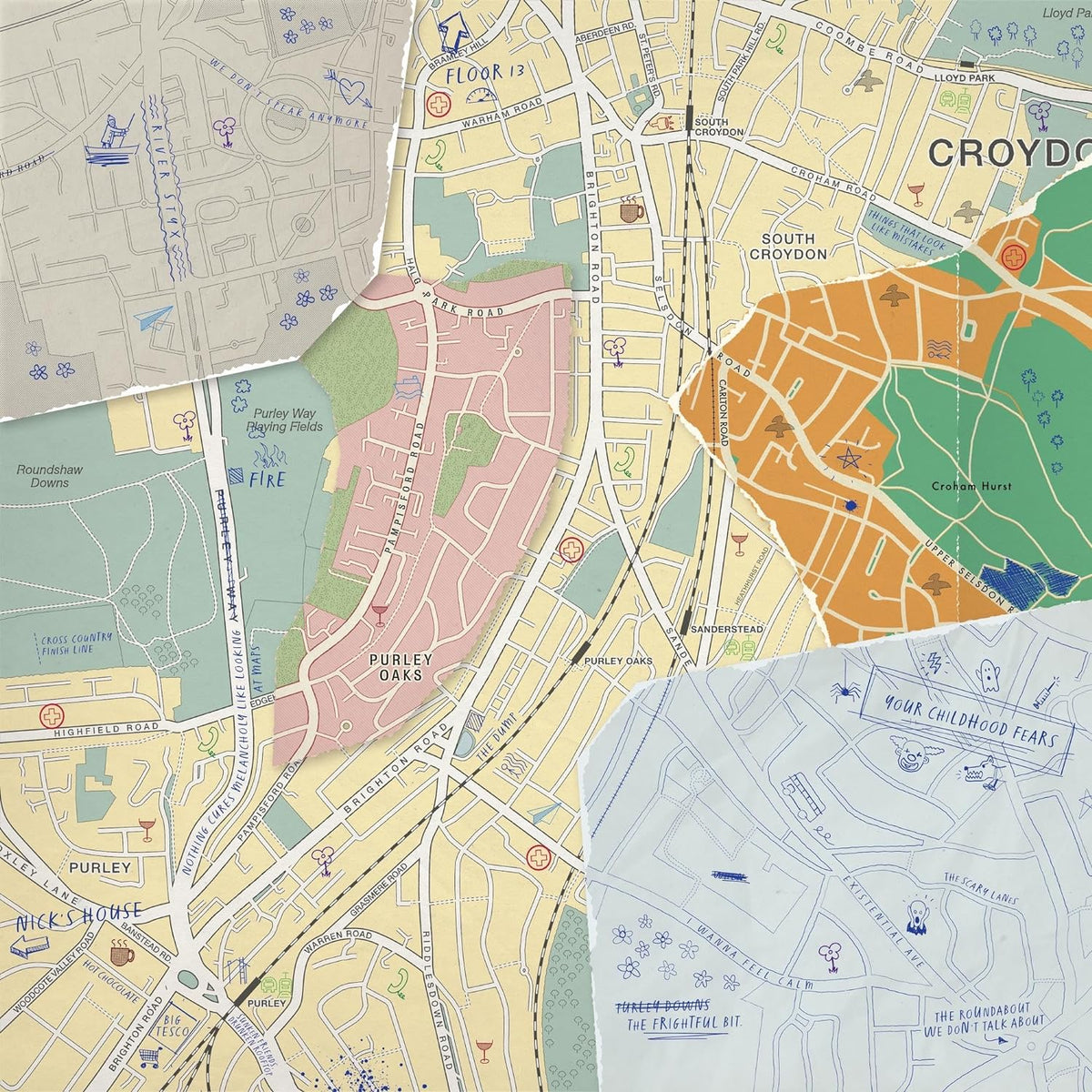 Hand-drawn map of Purley, Croydon, with illustrated bears and text.