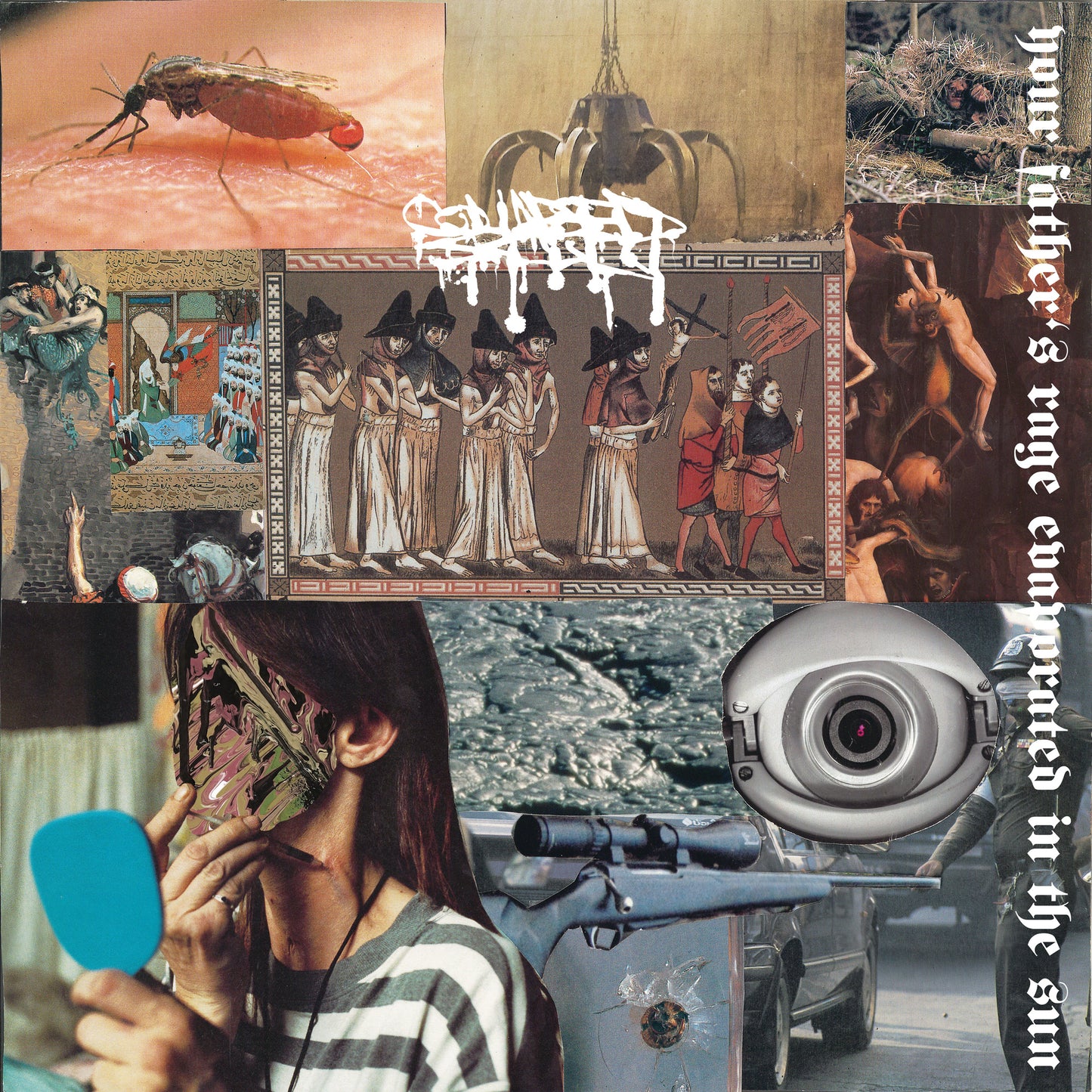 Collage album cover with historical figures, eyes, and unsettling imagery.