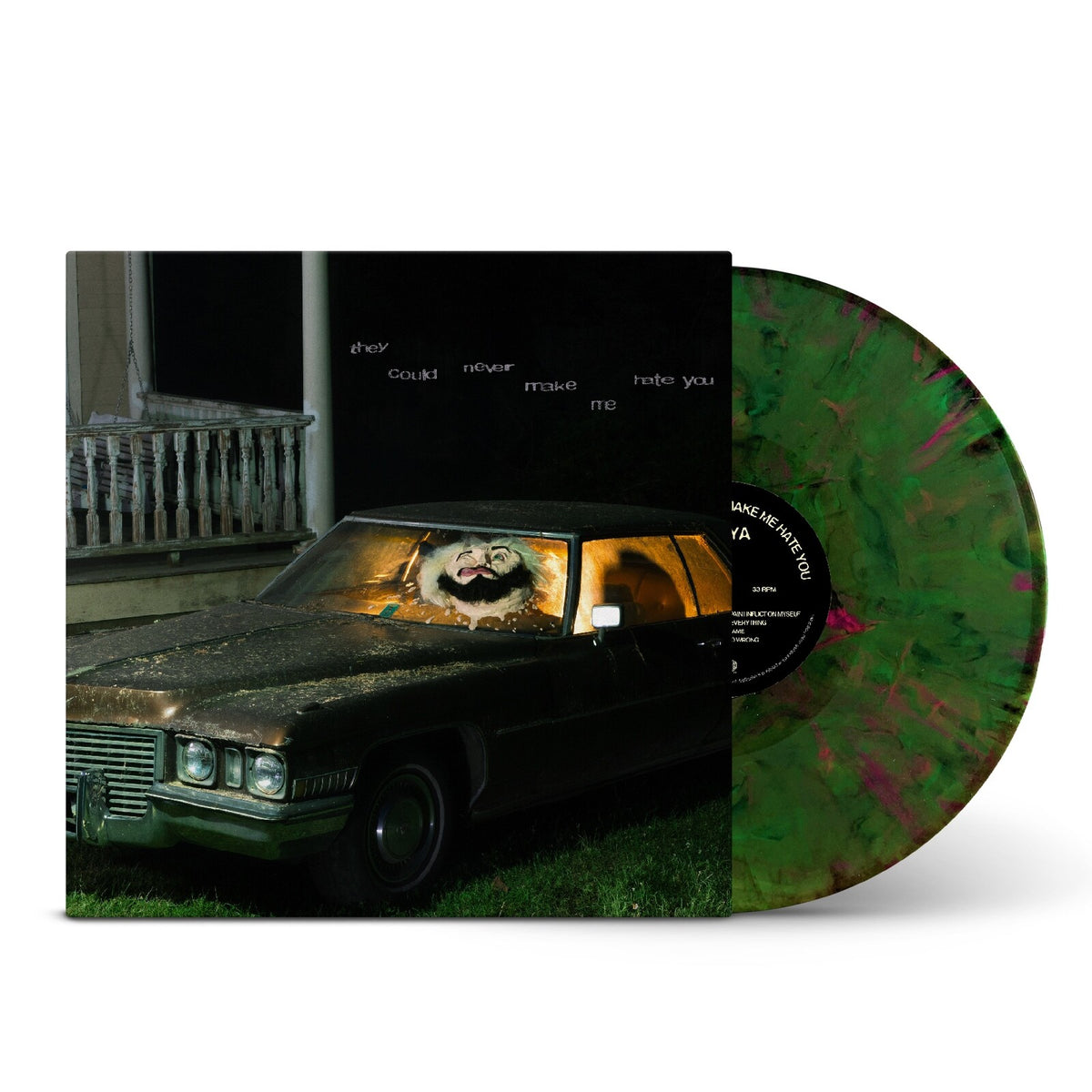 Pouya vinyl record with cover art of a car and person inside.