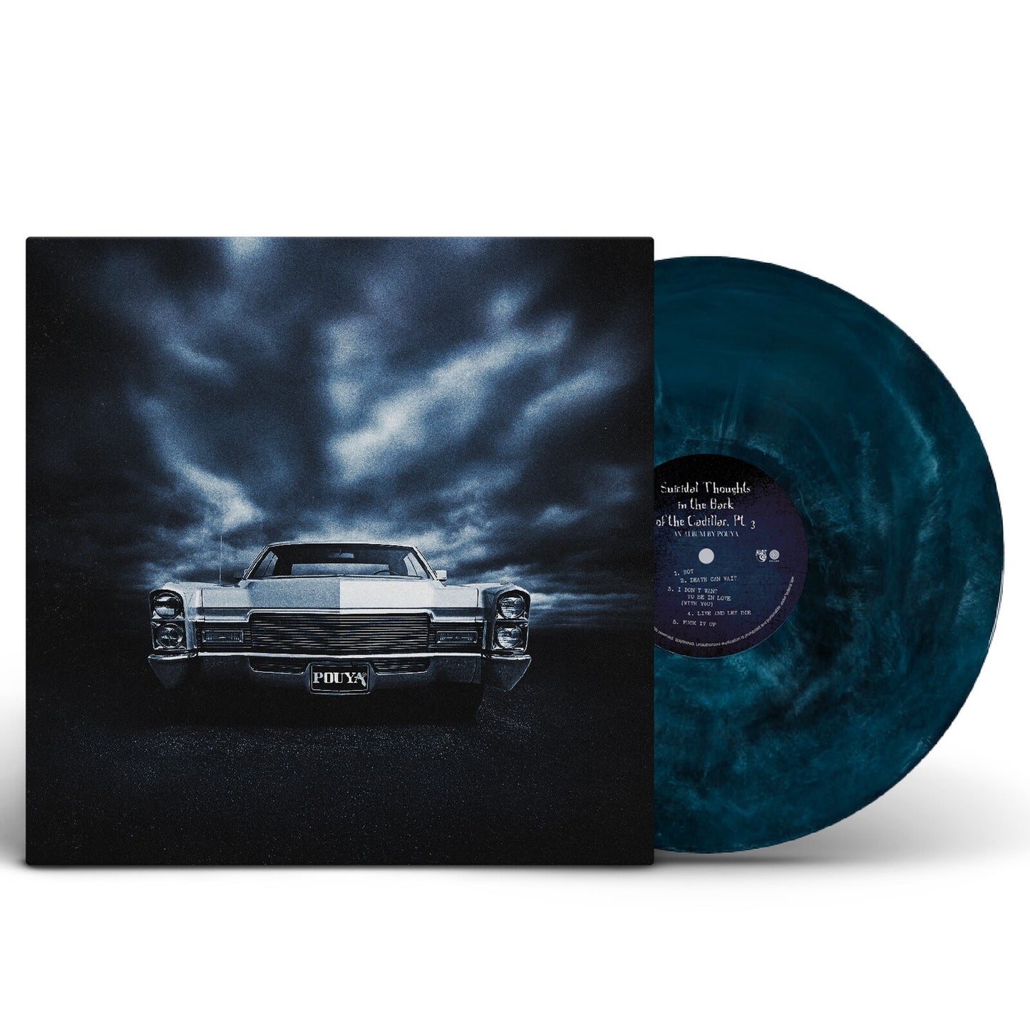 Pouya vinyl record with a dark blue cloudy cover and car image.