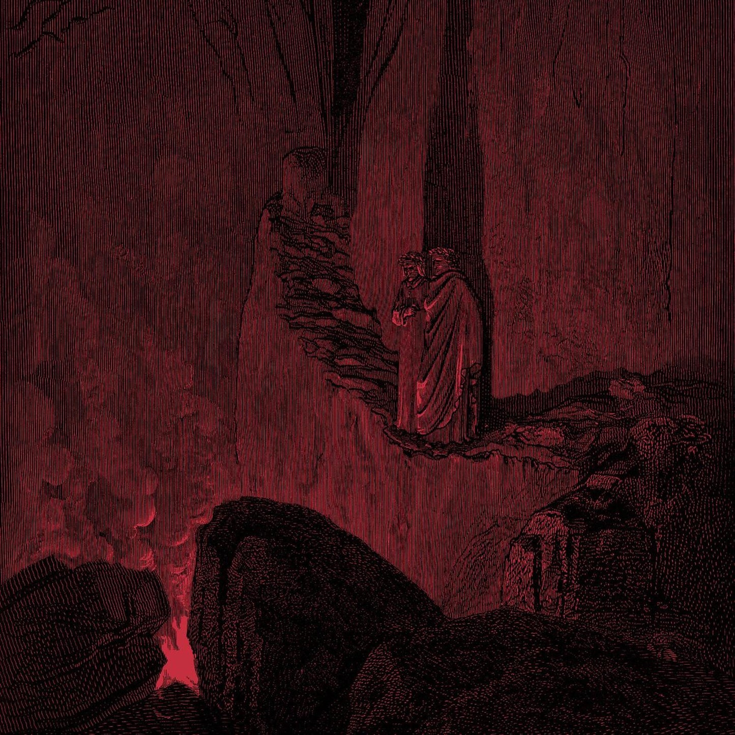 Engraving of two figures in a dark, fiery landscape, titled "HELL.