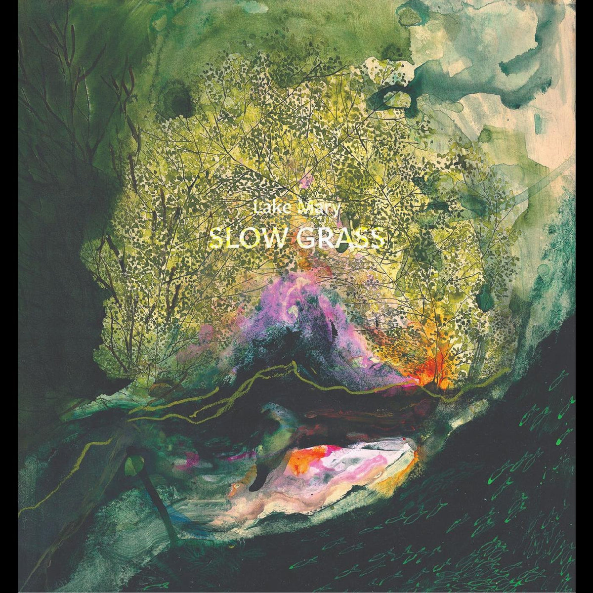 Watercolor album cover for Lake Mary’s “Slow Grass” with trees and water.