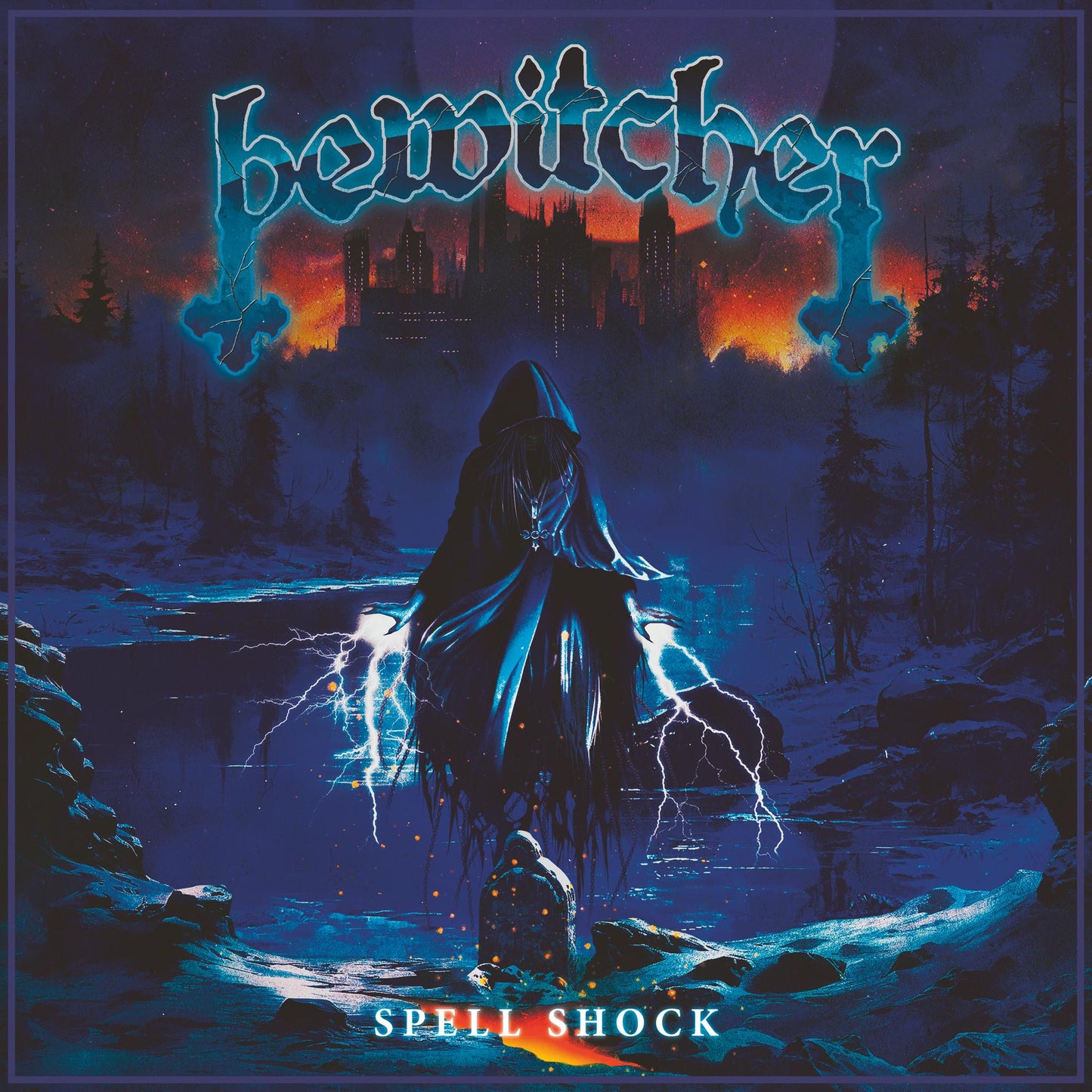Album cover for Bewitcher’s “Spell Shock” featuring a hooded figure and castle.