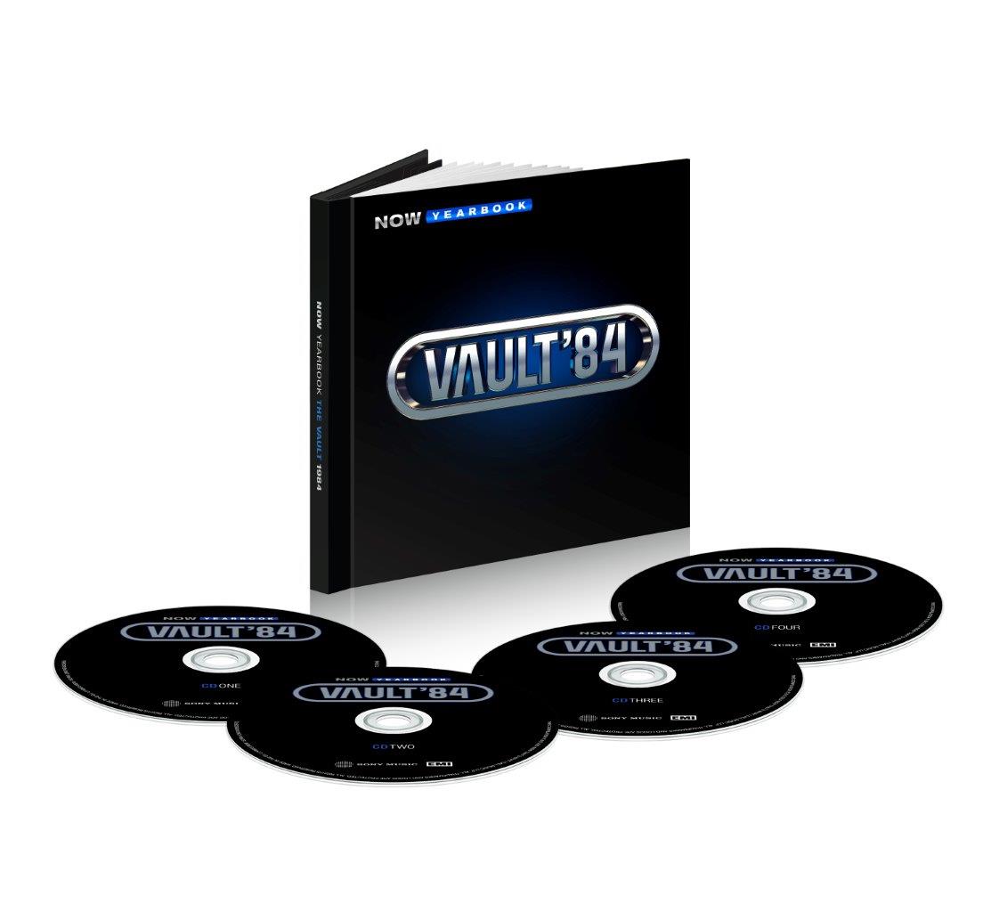 Black CD box set with four discs labeled "NOW Yearbook - Vault '84".