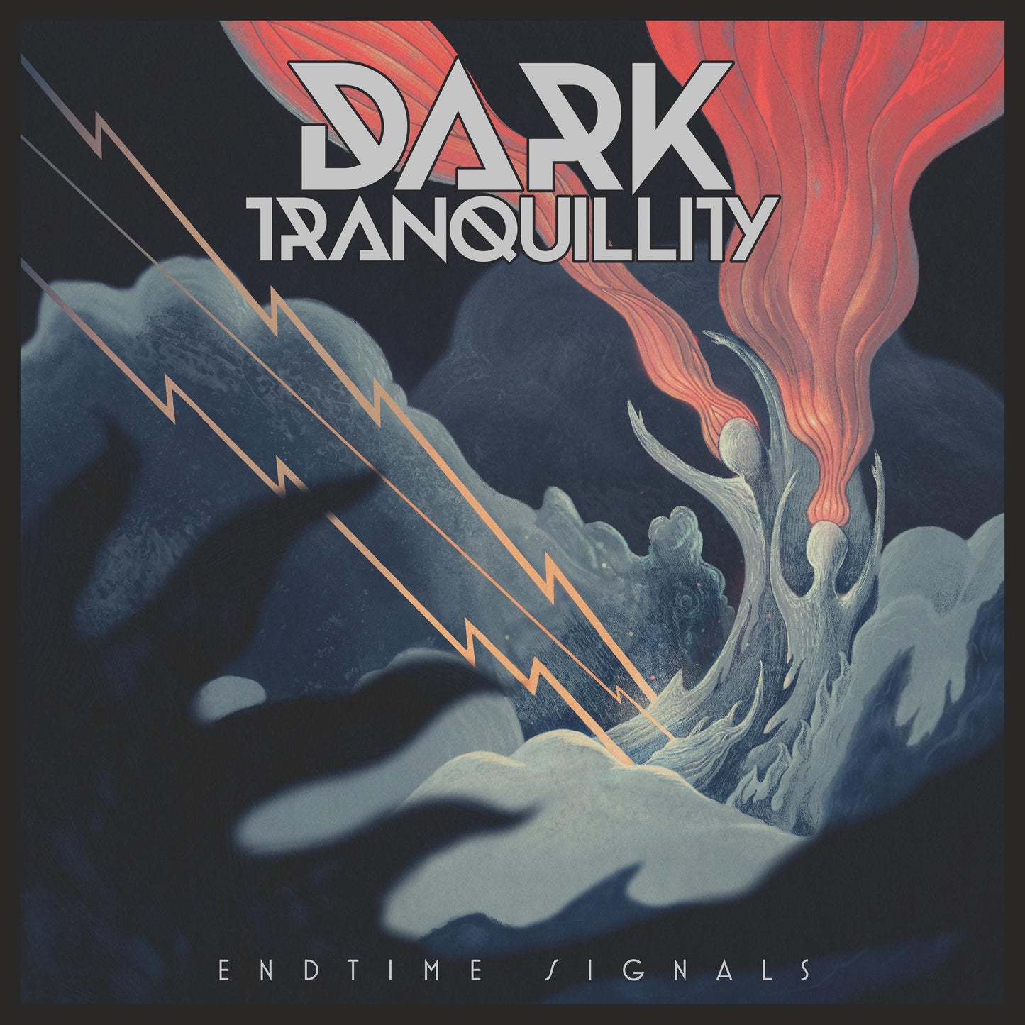 Dark Tranquillity "Endtime Signals" vinyl album cover with abstract lightning and trees.