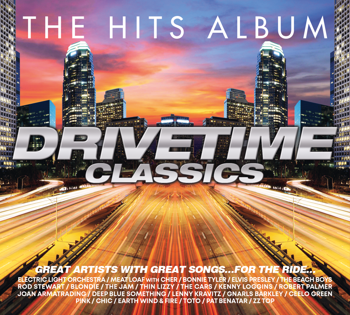 CD cover for “Drivetime Classics” with a blurred city and highway scene.