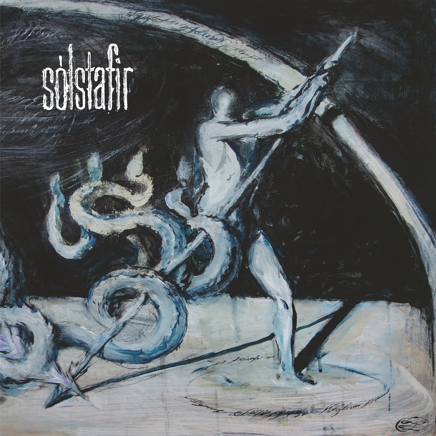 Sólstafir album cover: abstract painting of figures in a dark, textured landscape.