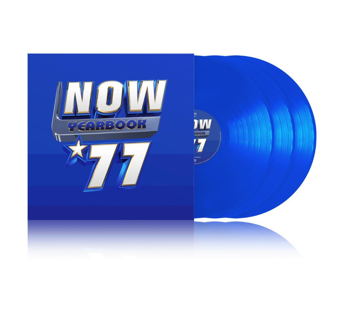 Blue "NOW Yearbook '77" vinyl record and album cover shown.