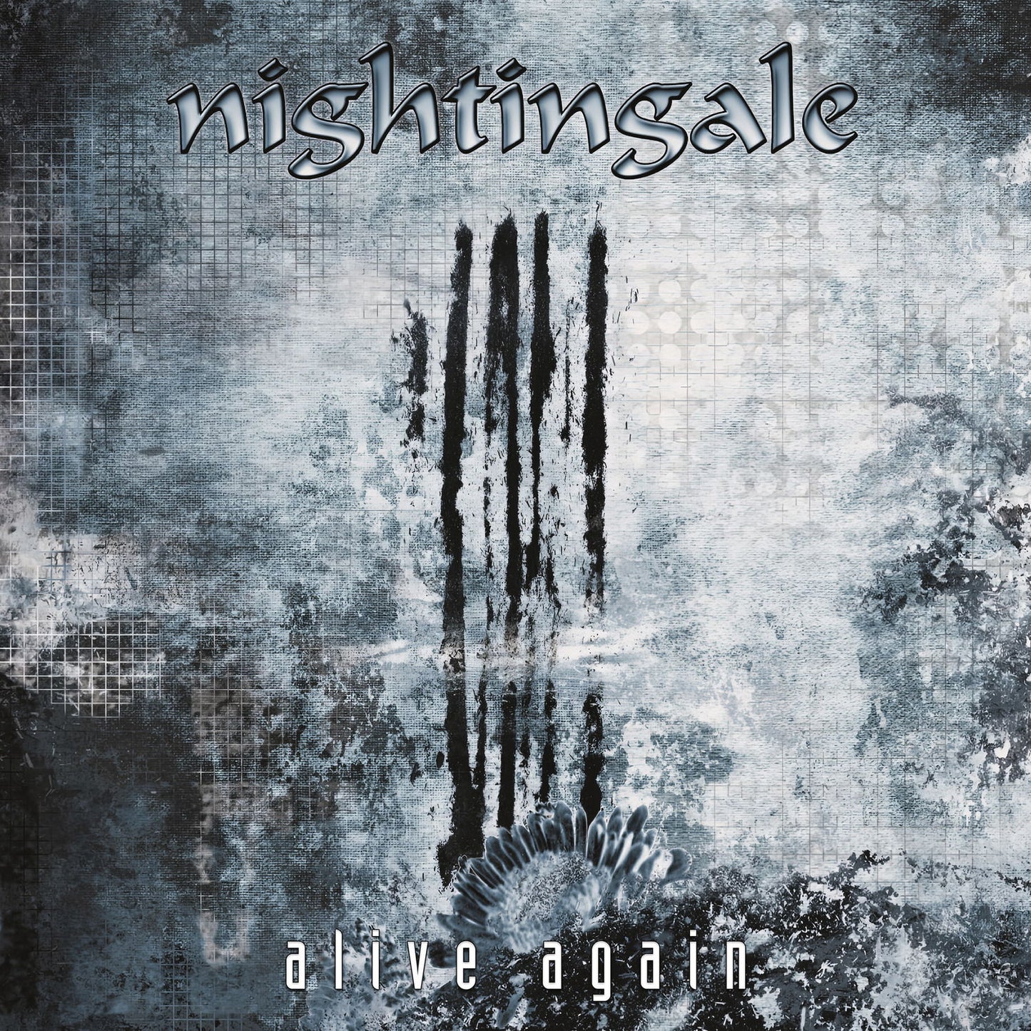 Album cover for Nightingale’s “Alive Again” with textured blue and gray design.
