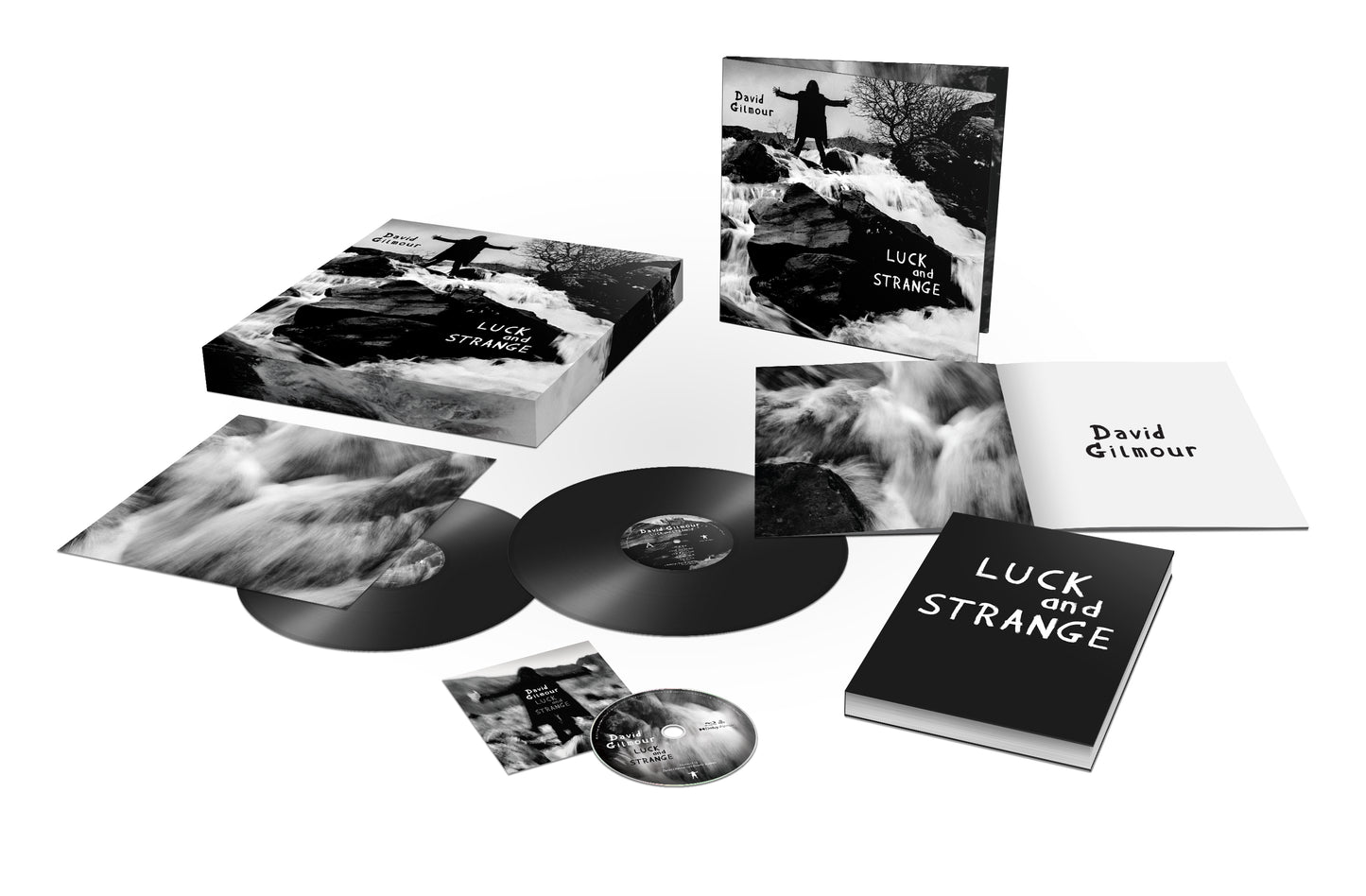 David Gilmour's "Luck and Strange" vinyl boxset with black and white imagery.