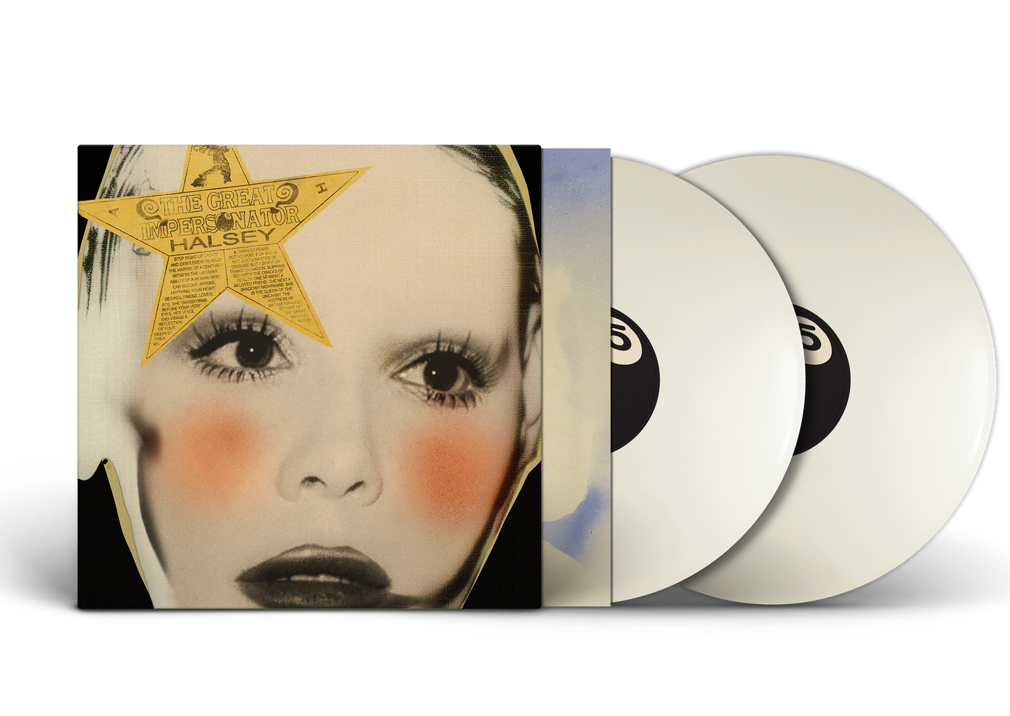 Halsey’s “The Great Impersonator” white vinyl LP cover and record shown.