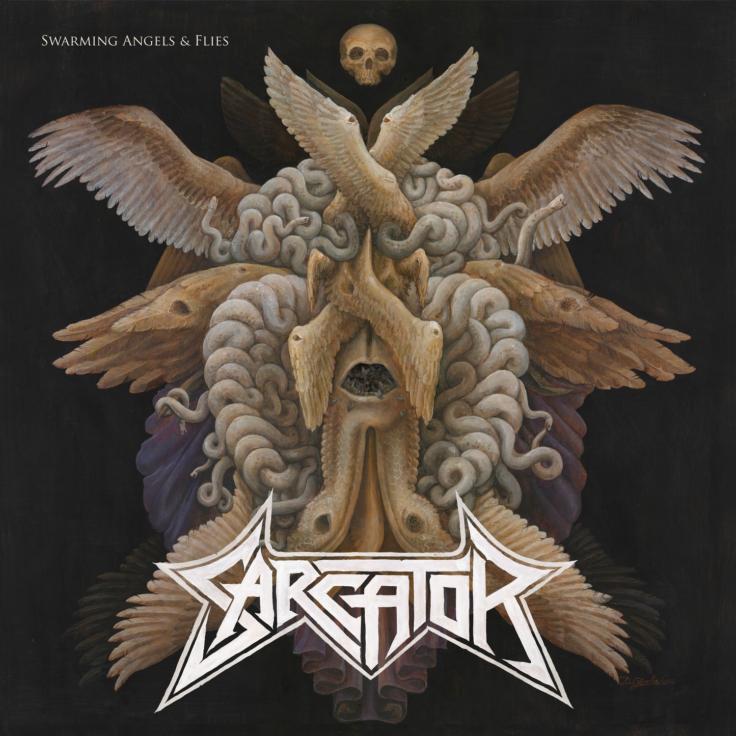 CD cover: dark painting of angels, flies, a skull, and band logo.