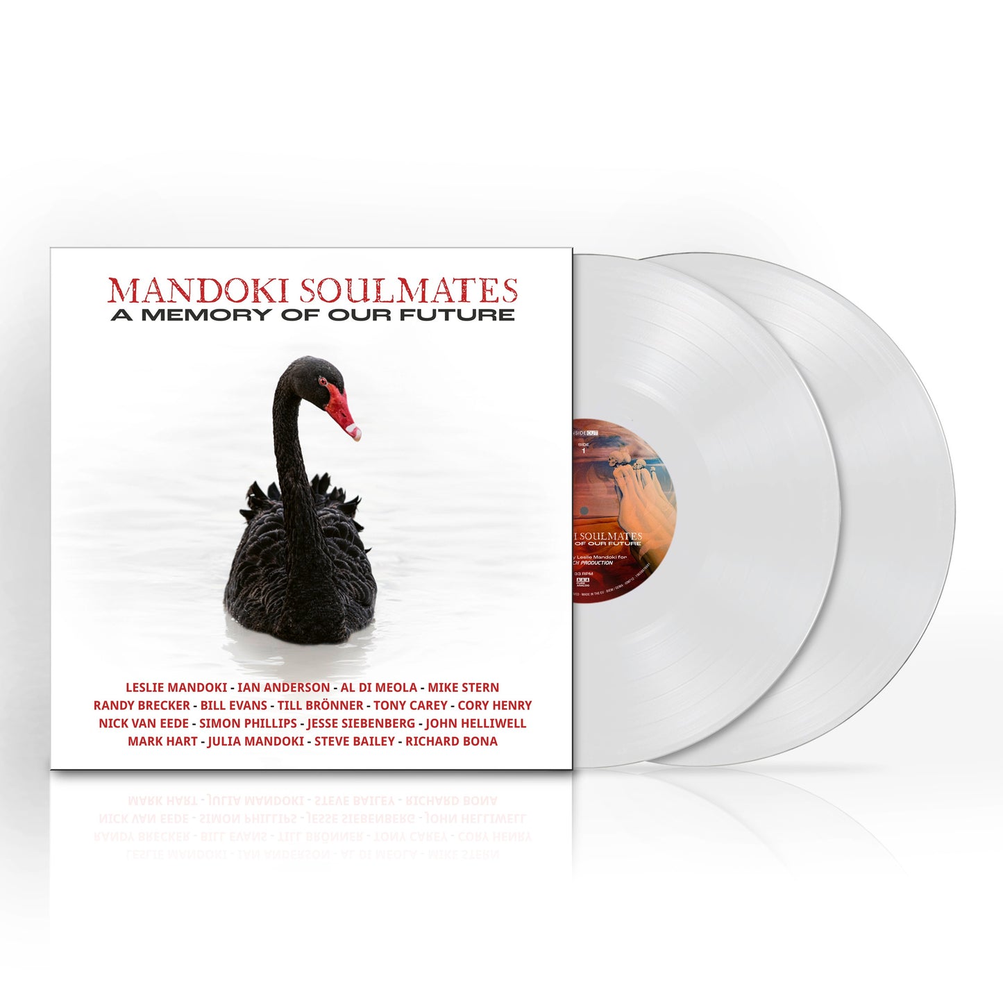 Vinyl record with a black swan image and white and gold lettering.