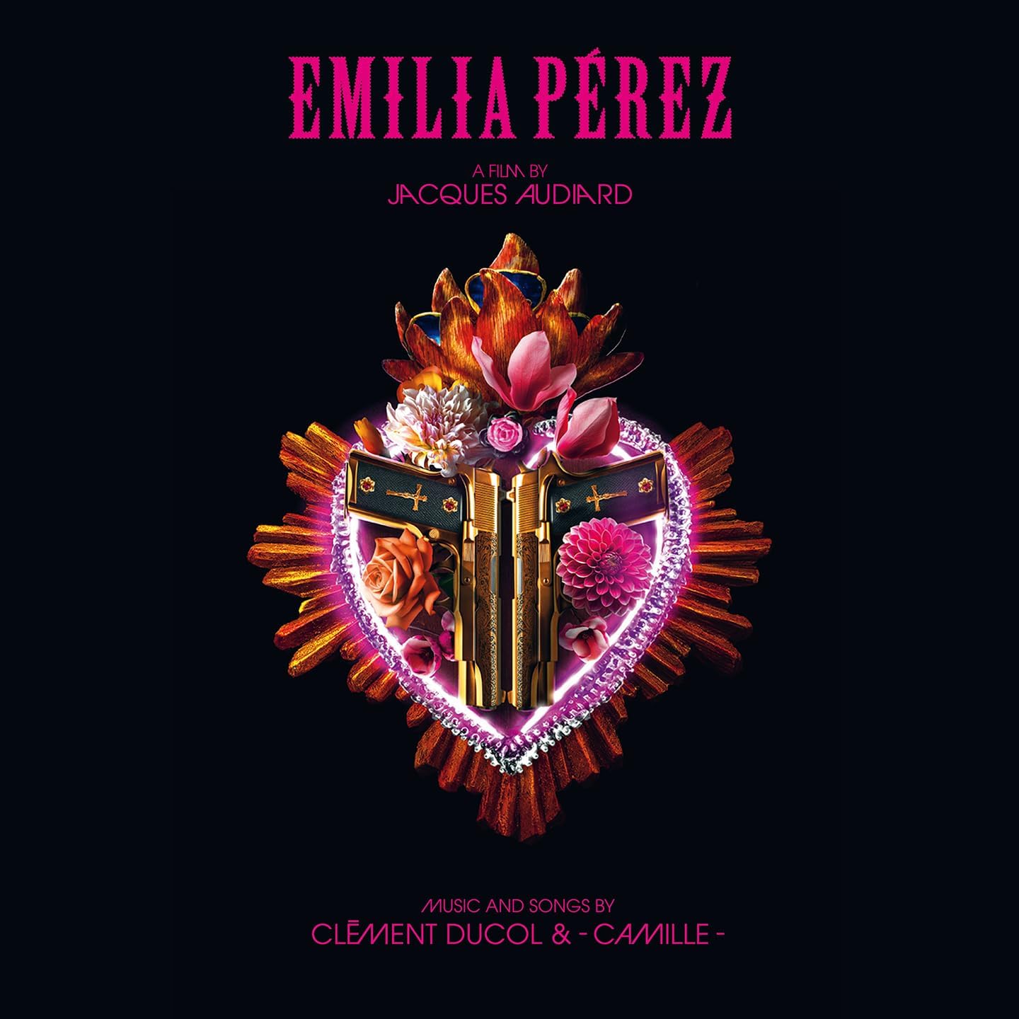 CD cover for "Emilia Pérez" film soundtrack with floral and heart design.