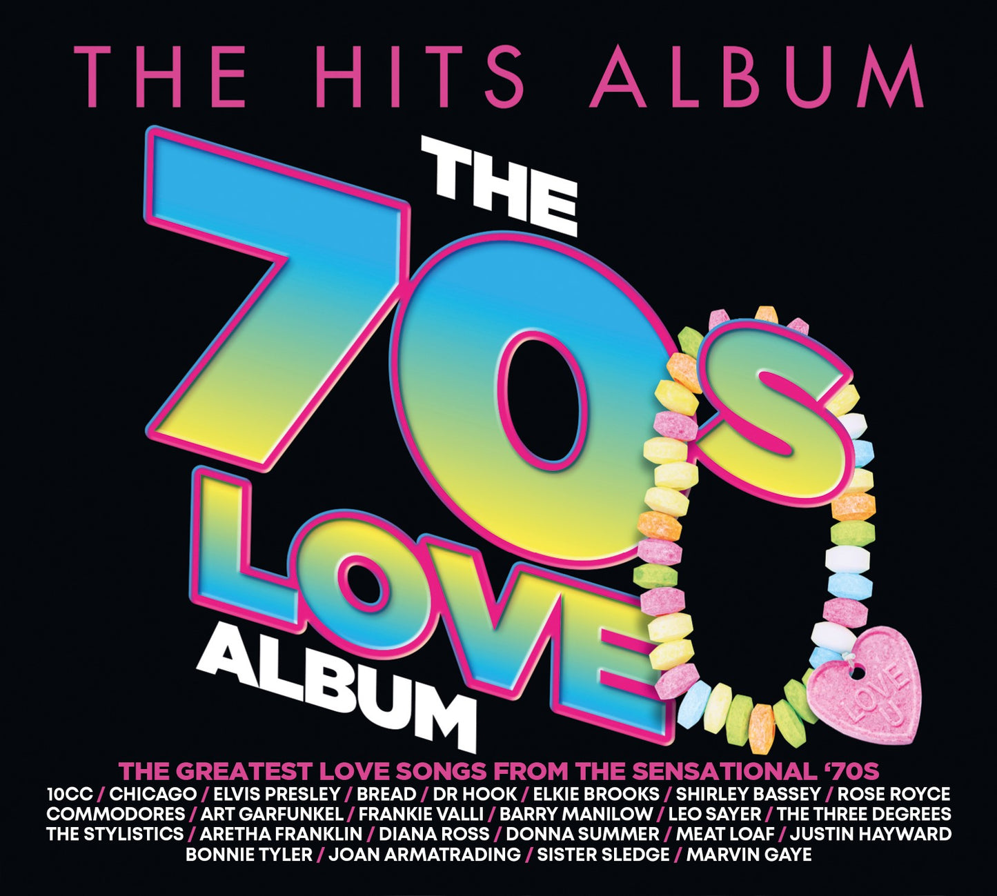 CD cover for “The Hits Album: 70s Love Album” with 70s imagery.