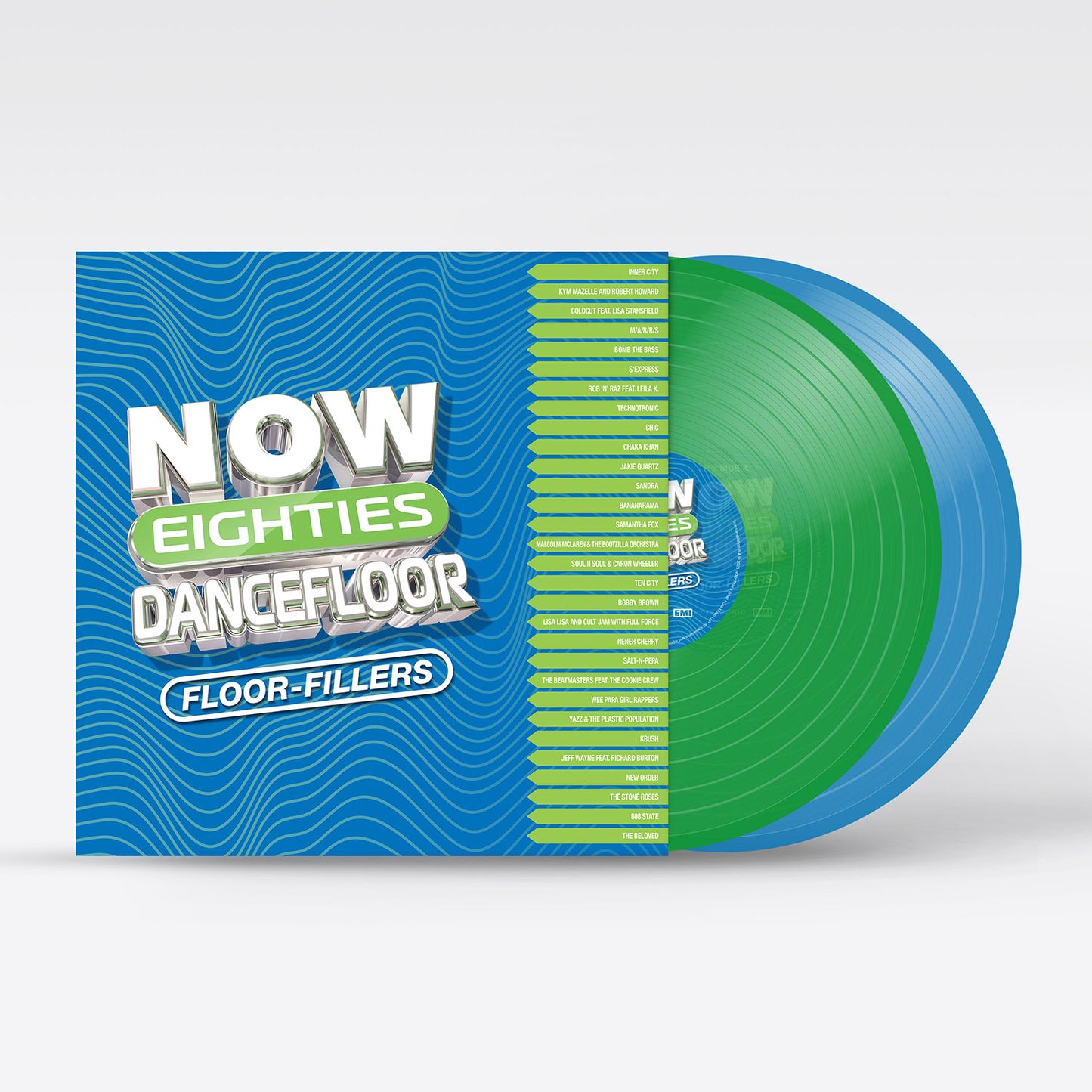 NOW 80s Dancefloor vinyl record set with blue cover and green and blue discs.