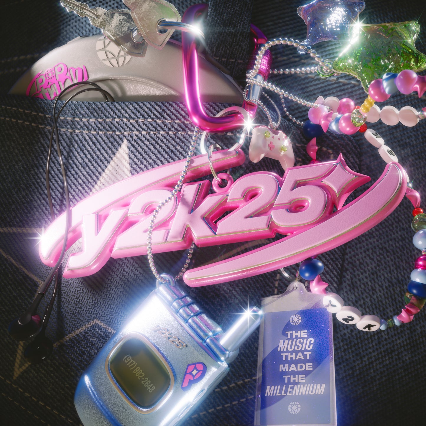 Y2K25 vinyl album cover with early 2000s accessories and text.