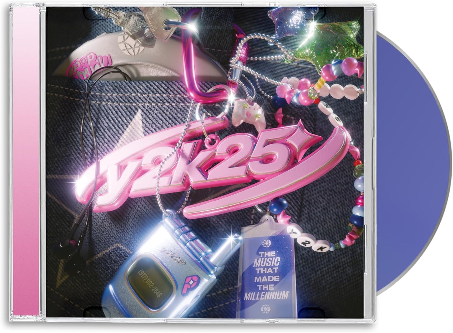 CD cover with Y2K aesthetic: flip phone, beaded necklace, and denim.