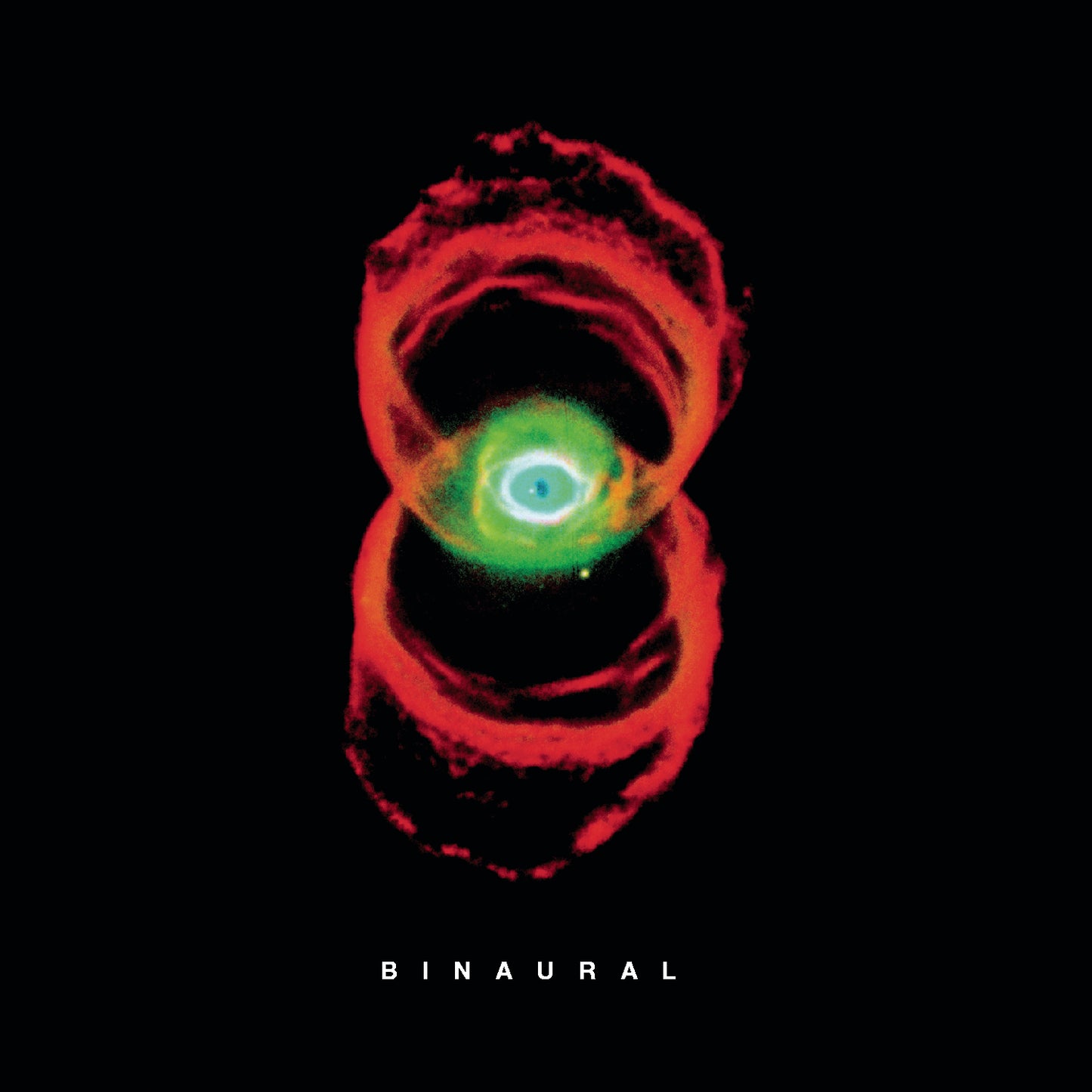 Red and green swirling abstract shape resembling an eye, with "Binaural" text.