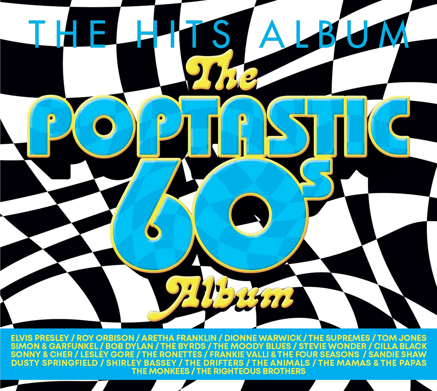 Album cover for The Poptastic 60s Album featuring a black and white checkered background.