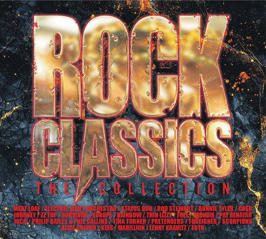 CD cover for "Rock Classics: The Collection" with gold lettering on black.