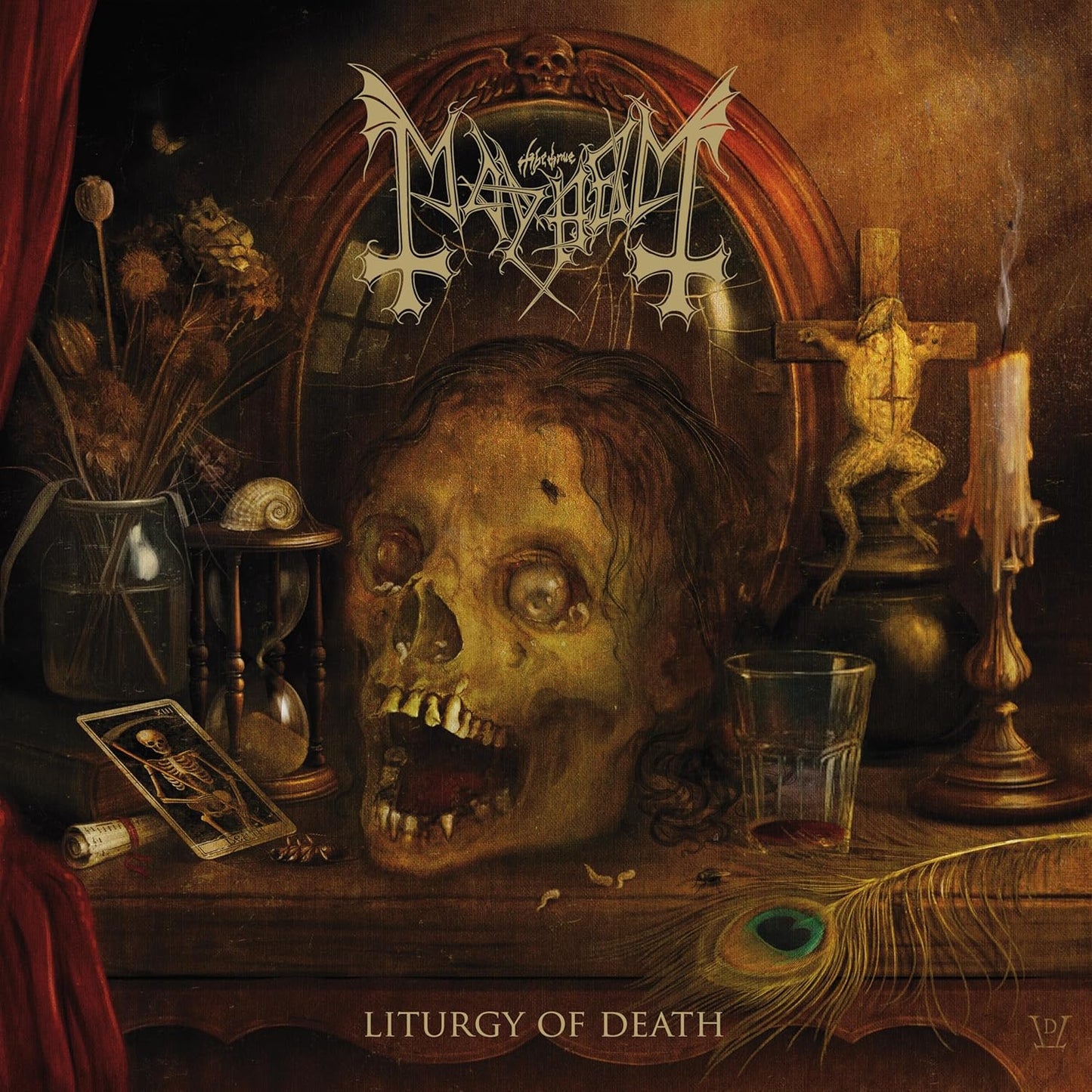 Dark album cover featuring a skull, religious imagery, and the band name Mayhem.