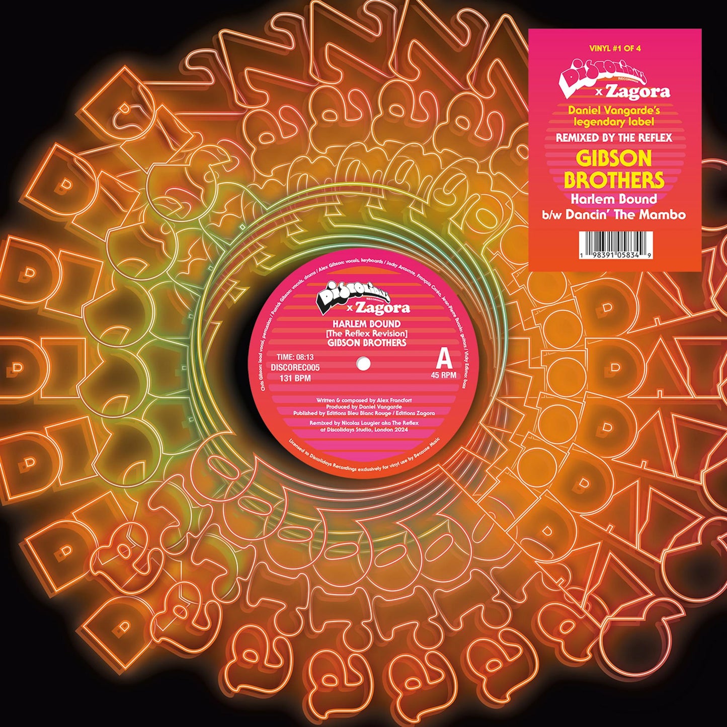 Vinyl record label for Gibson Brothers’ “Harlem Bound” with colorful abstract design.