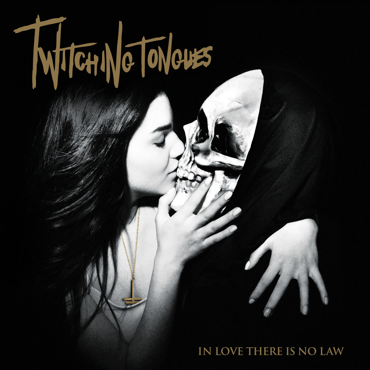 Black album cover featuring a woman kissing a skeletal figure.