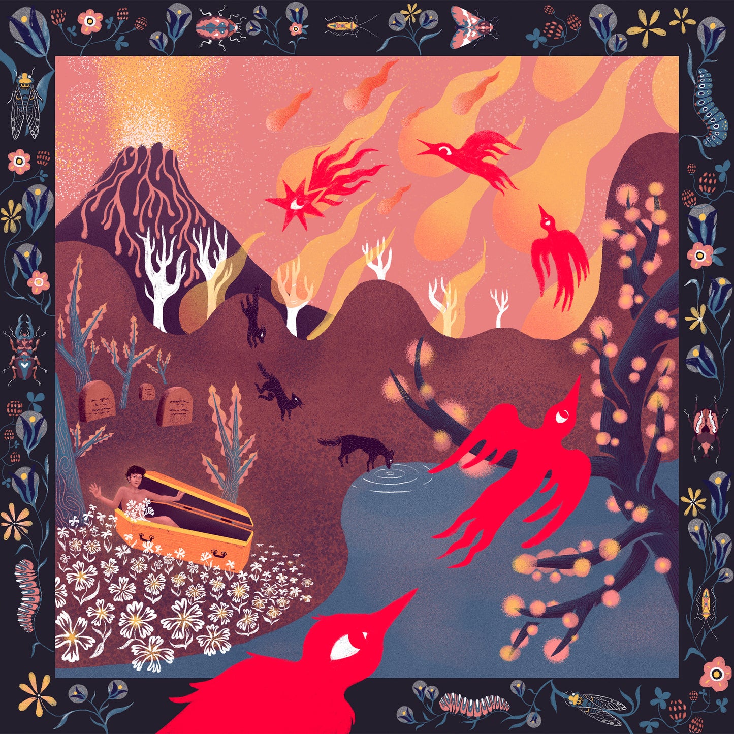 Surreal album cover with mountains, birds, and a figure in water.