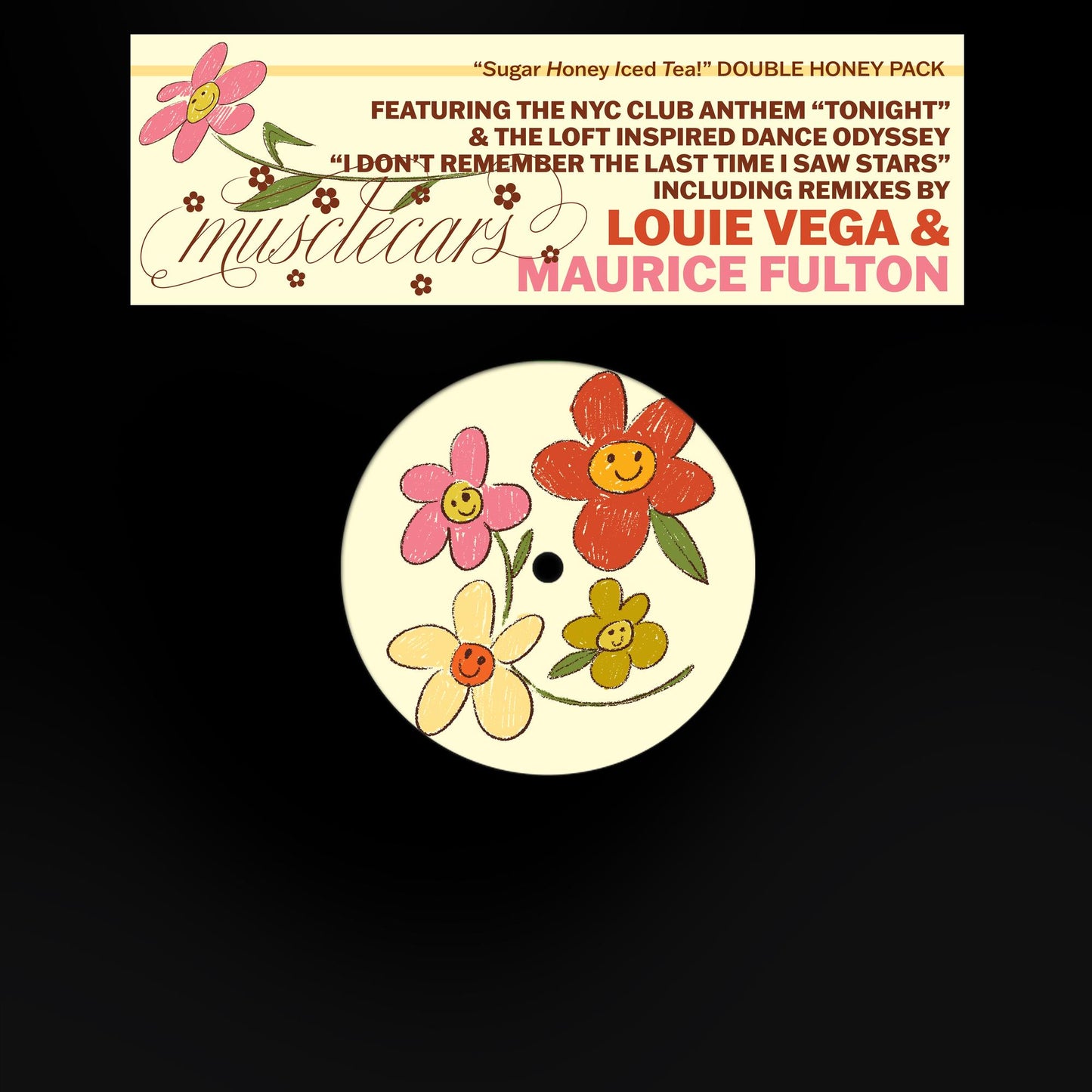 Vinyl record with floral design, text reading "Musclecars - Double Honey Pack.